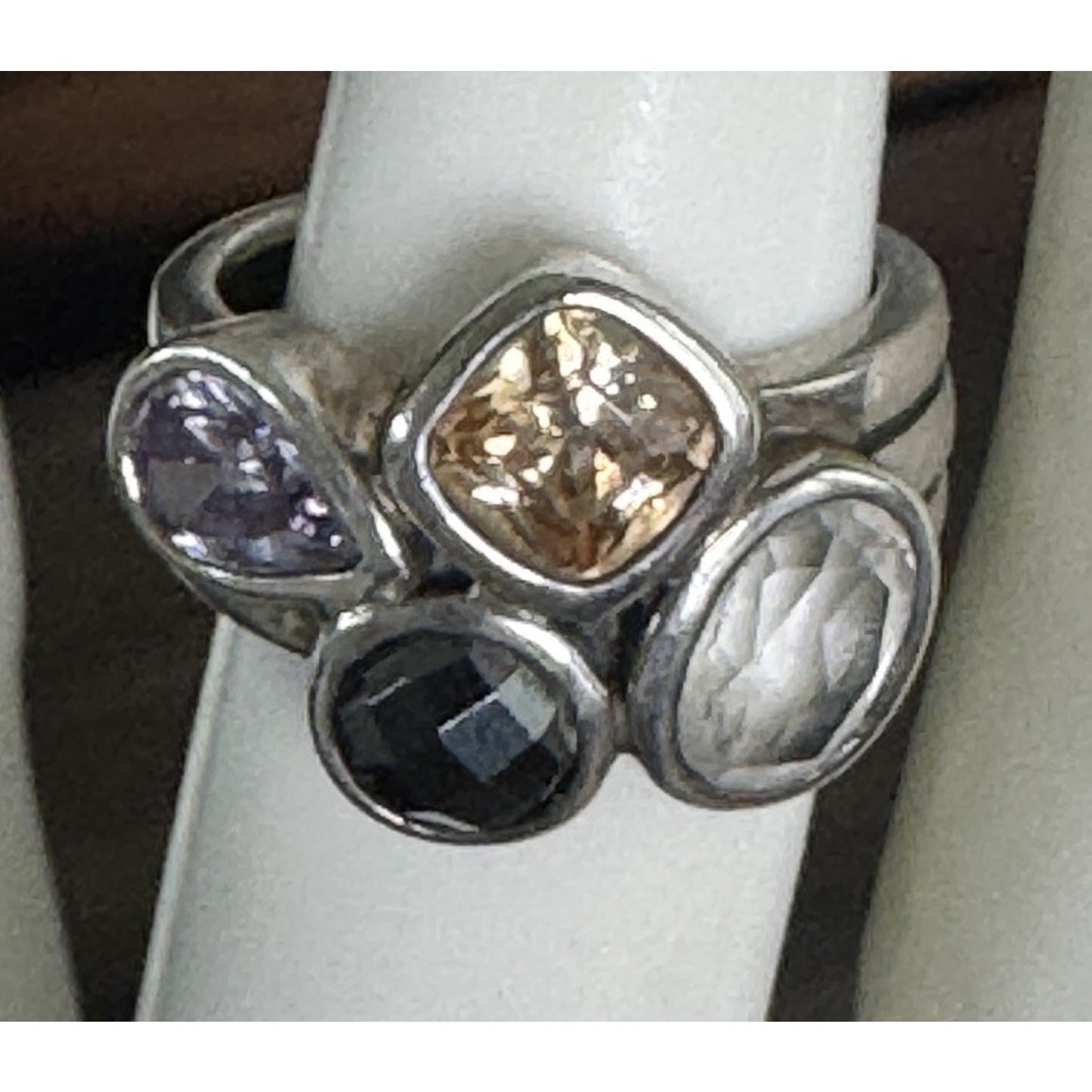 TRB Sterling Silver Cluster Champagne Topaz Iolite Black Spinel White Topaz 6.5
