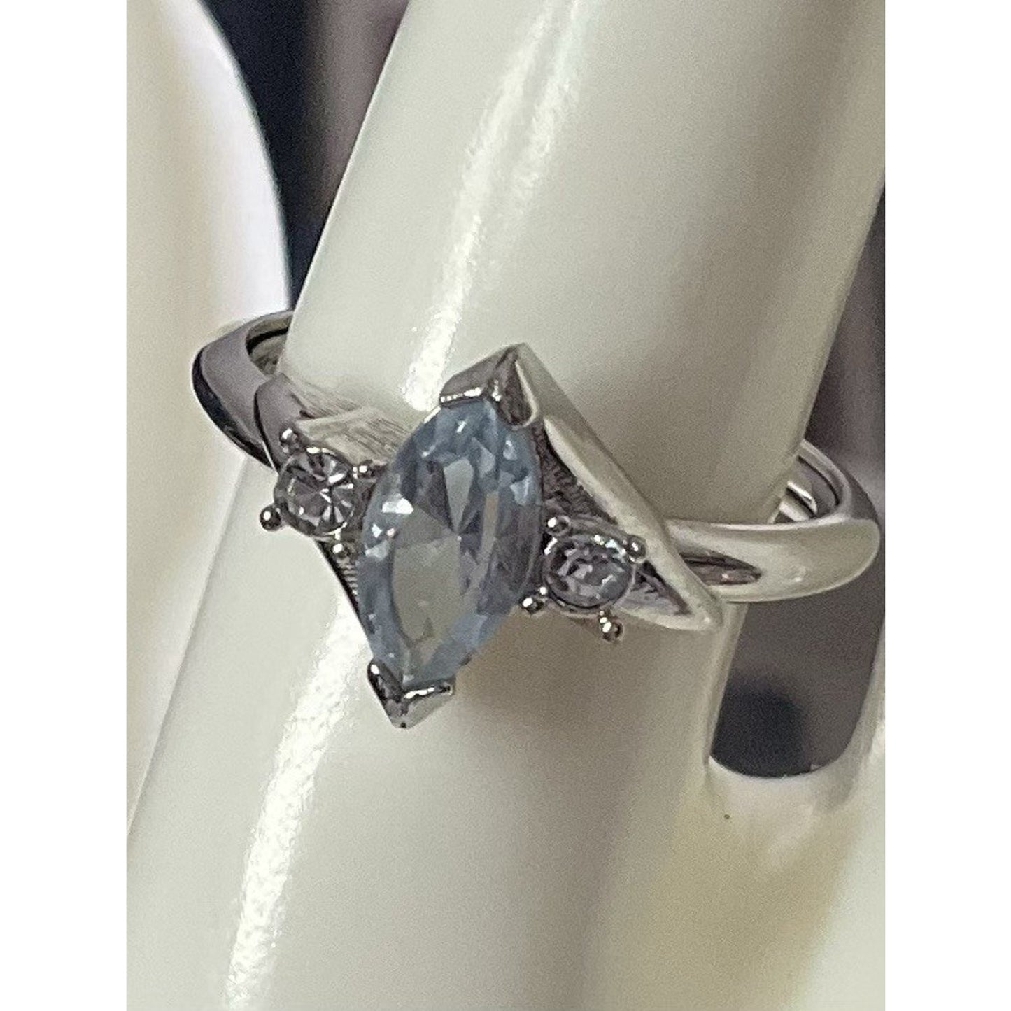Vintage Sterling Silver 925 Blue Topaz Marquise Ring w CZ Accents Size 8.5