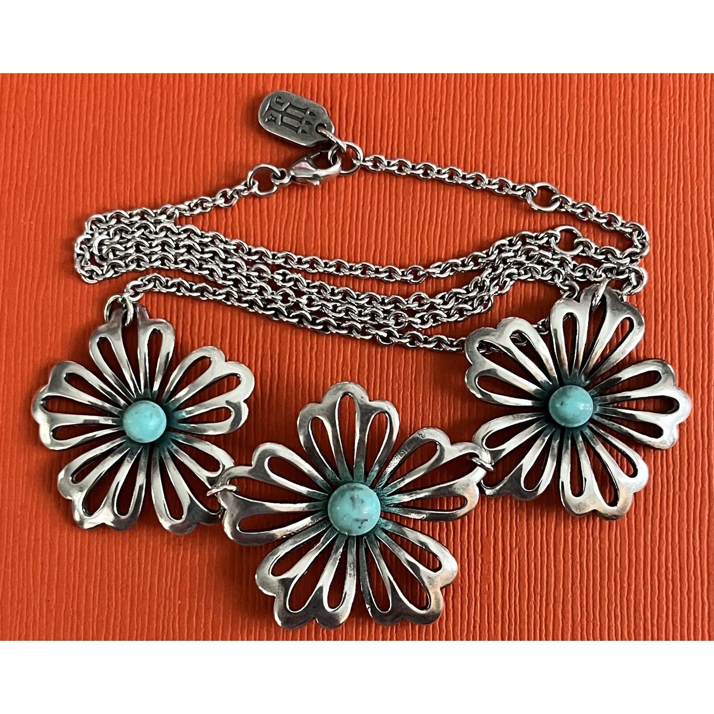 James Avery Retired Sterling Silver And Turquoise Flower Necklace 18” Pre-Owned