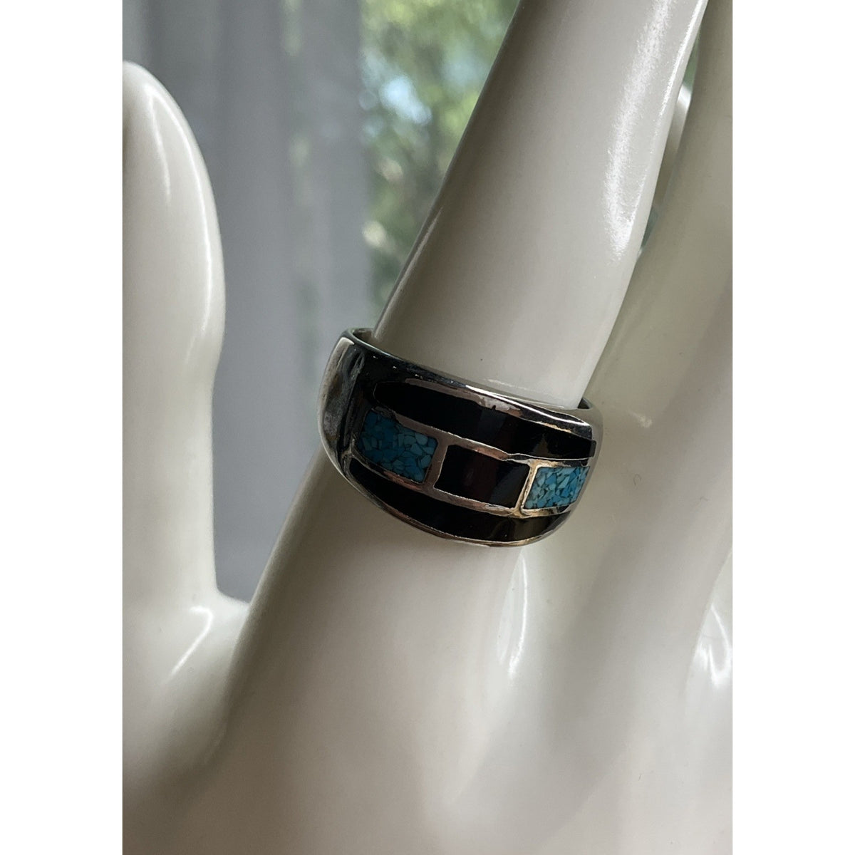Sterling Silver Turquoise Black Onyx Inlay Ring Size 10 Southwest Band