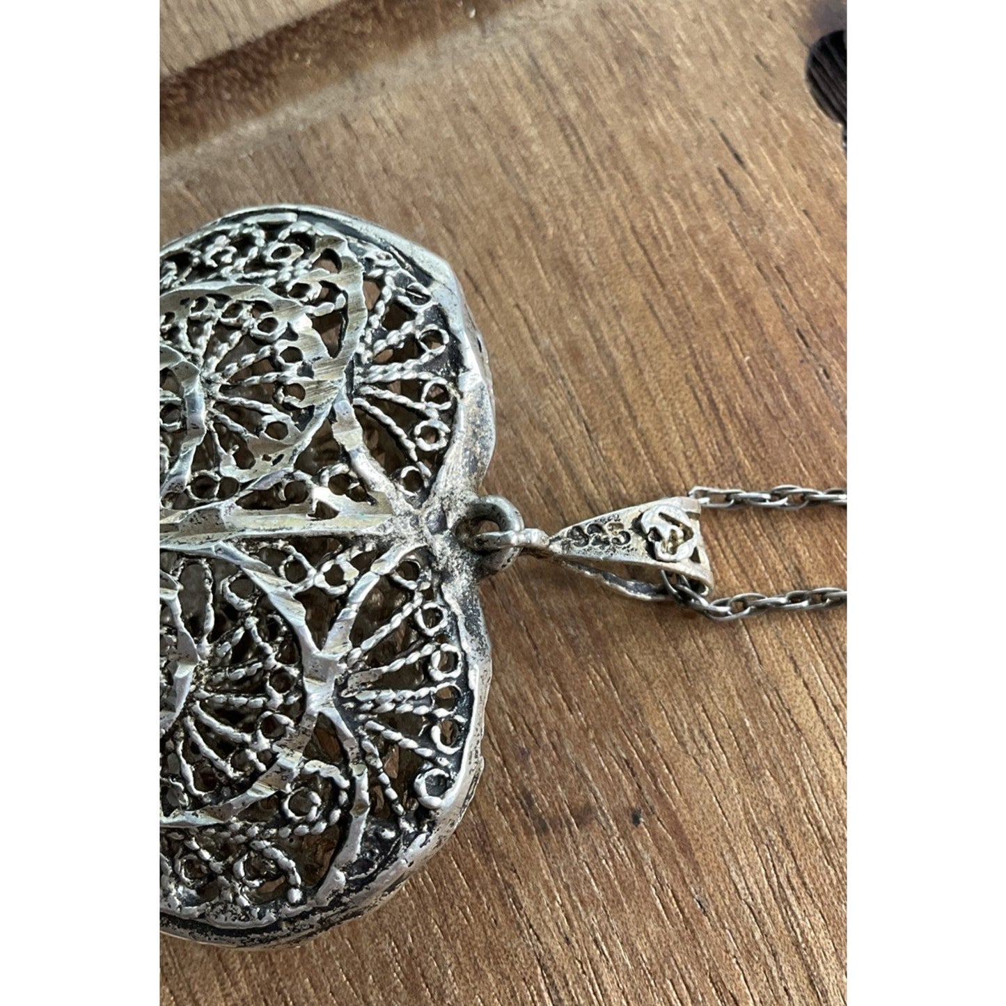Vintage Sterling Silver Filigree Heart Pendant Necklace 925 Large Ornate Scroll