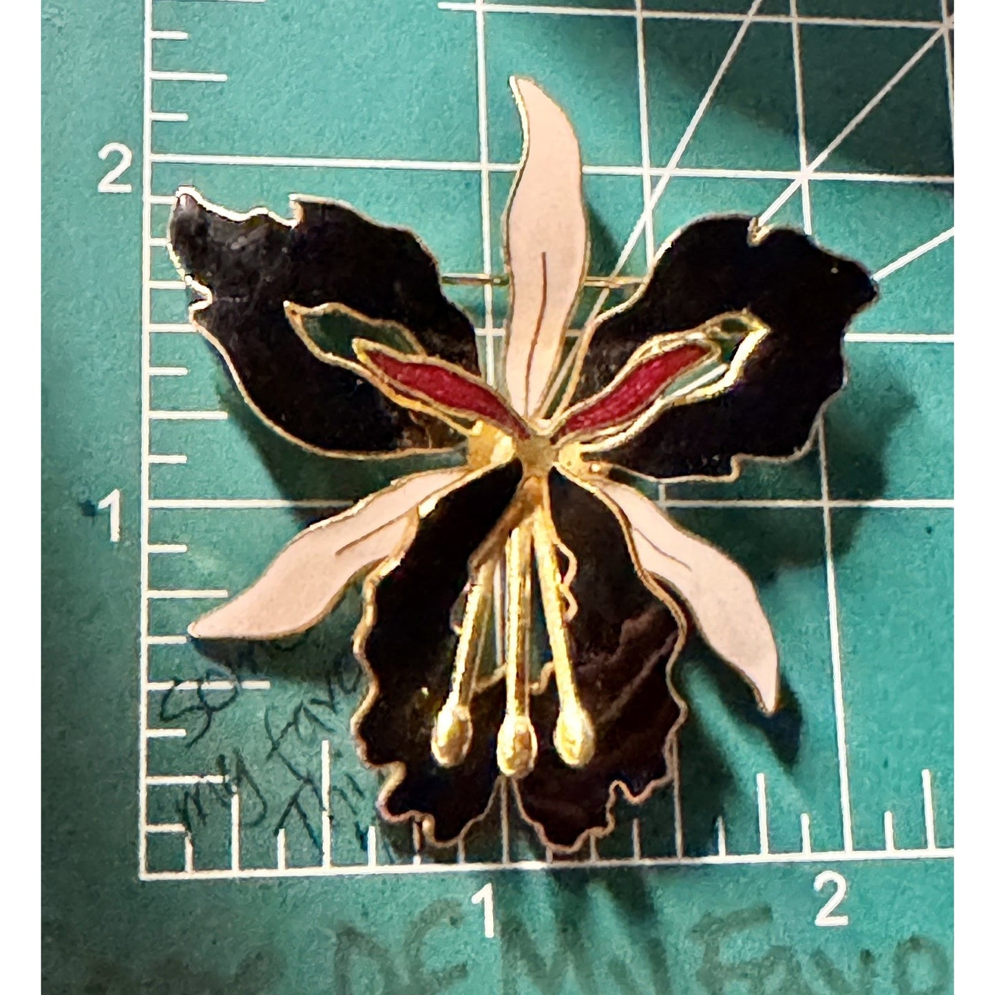 Vintage Cloisonné Orchid Flower Brooch Pin Gold Tone Black White Enamel Floral