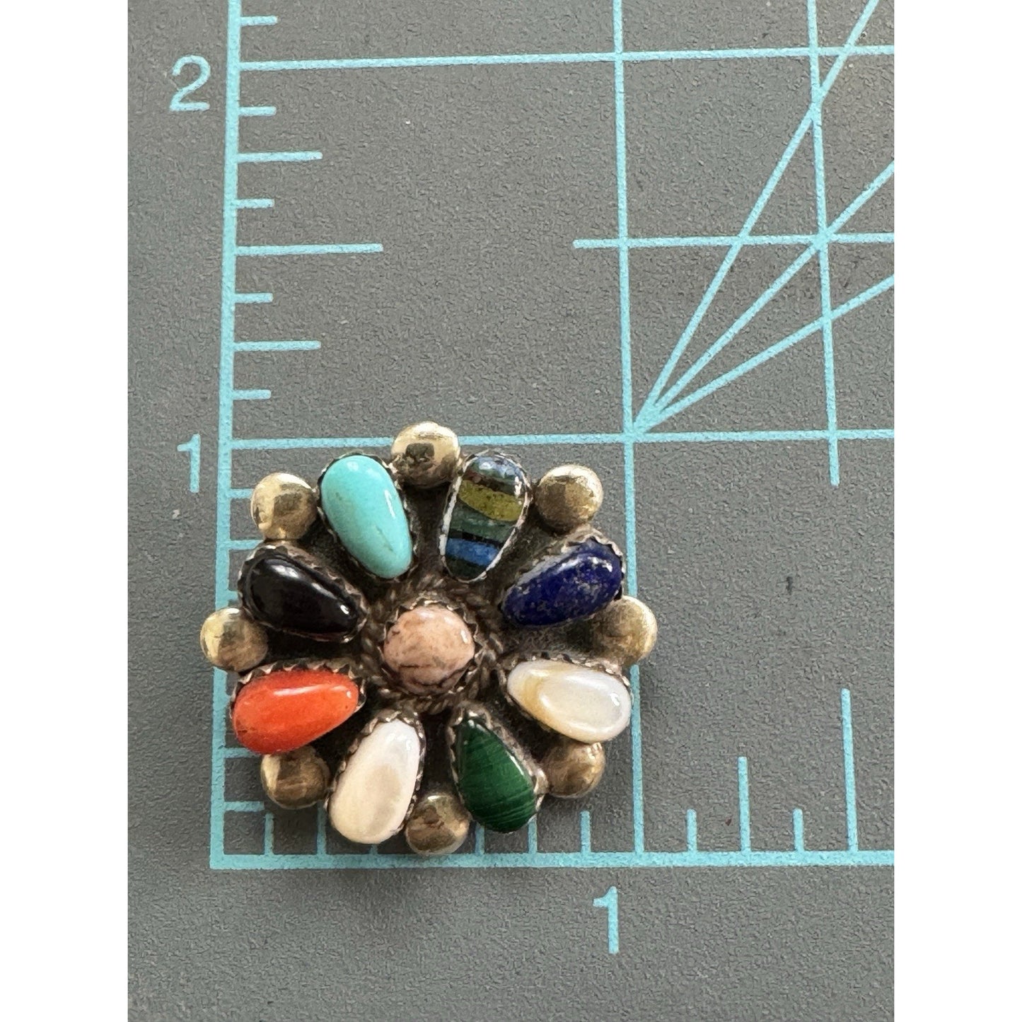 Thomas Allapowa Zuni Sterling Silver Colored Stones Flower Pin Pendant
