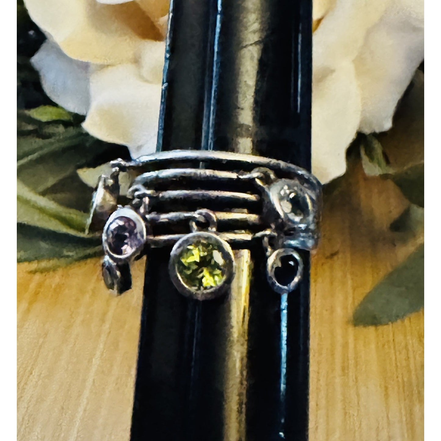 Vintage 90s Thai Sterling Silver Gemstone Dangle Ring Sz 8 Peridot Topaz Citrine