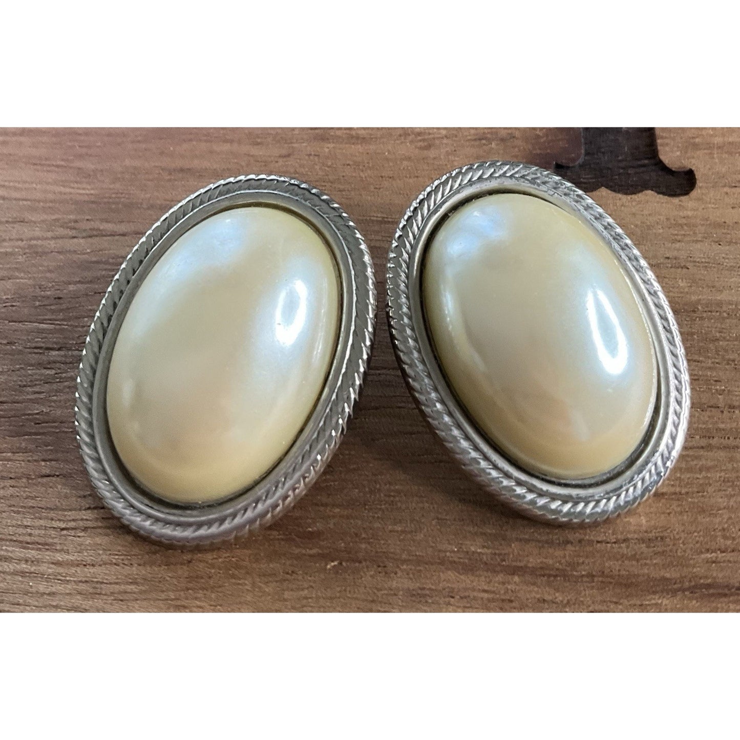 Vintage Faux Pearl Clip-On Earrings Silver Tone Large Oval Statement Earrings