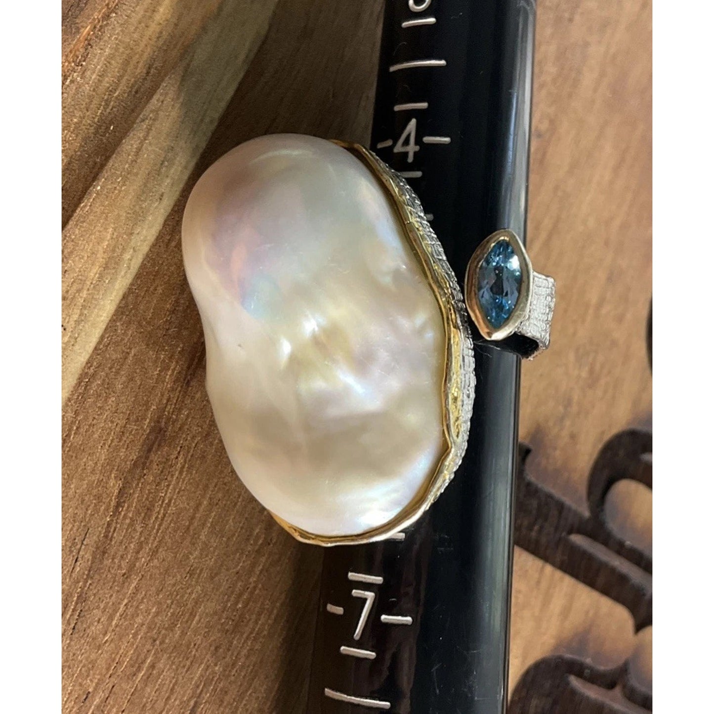 Baroque Pearl & Blue Topaz “Toi et Moi” Sterling Silver Statement Ring Size 5