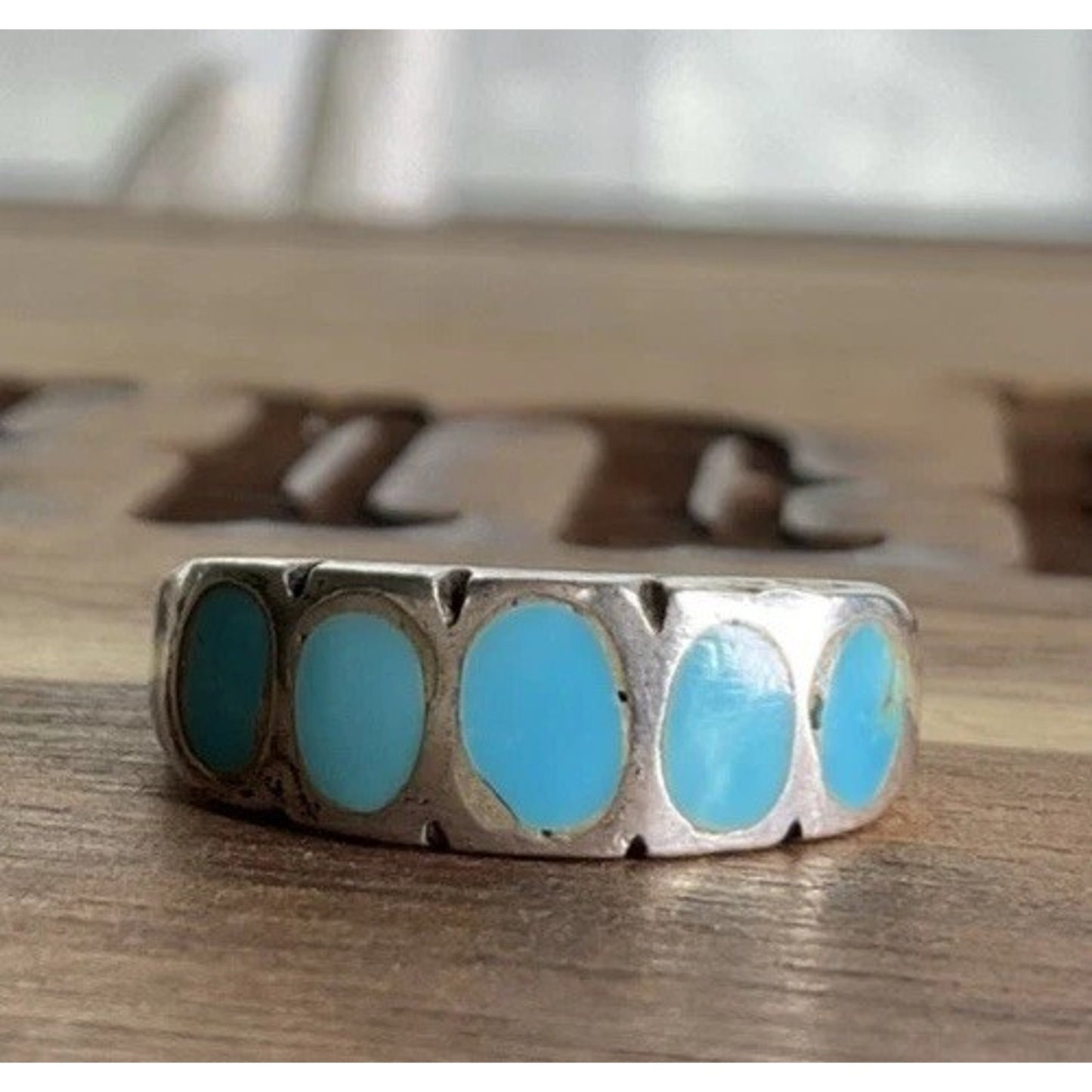 Vintage Sterling Silver Turquoise Inlay Band Ring Size 5 925 Southwestern