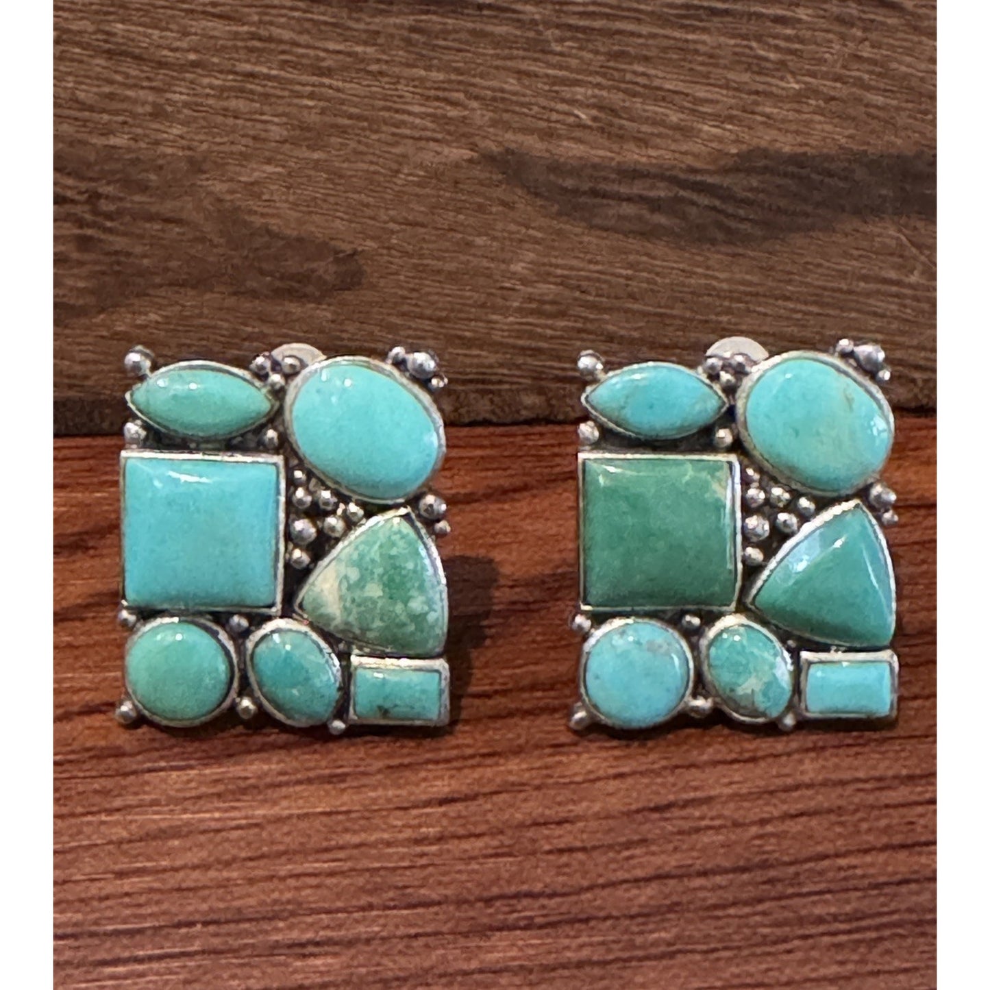 Vintage Sterling Silver Turquoise Clip On Earrings Mosaic Style Southwestern 13g