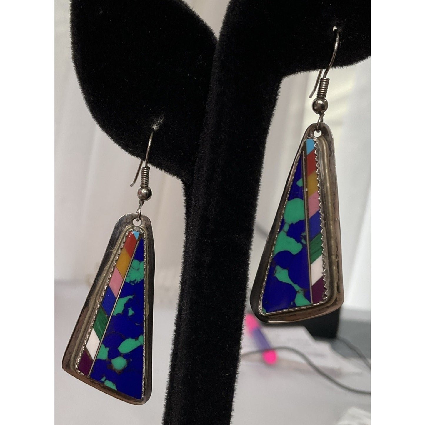 Southwest Sterling Silver Colorful Inlay Triangle Earrings
