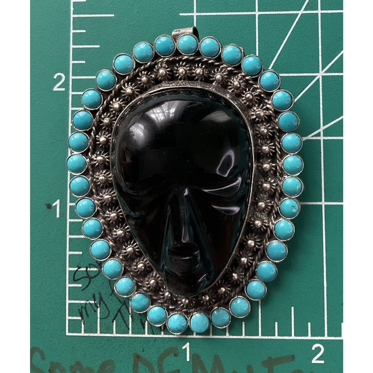 Sterling Silver Turquoise Carved Face Brooch Pendant 925 Large