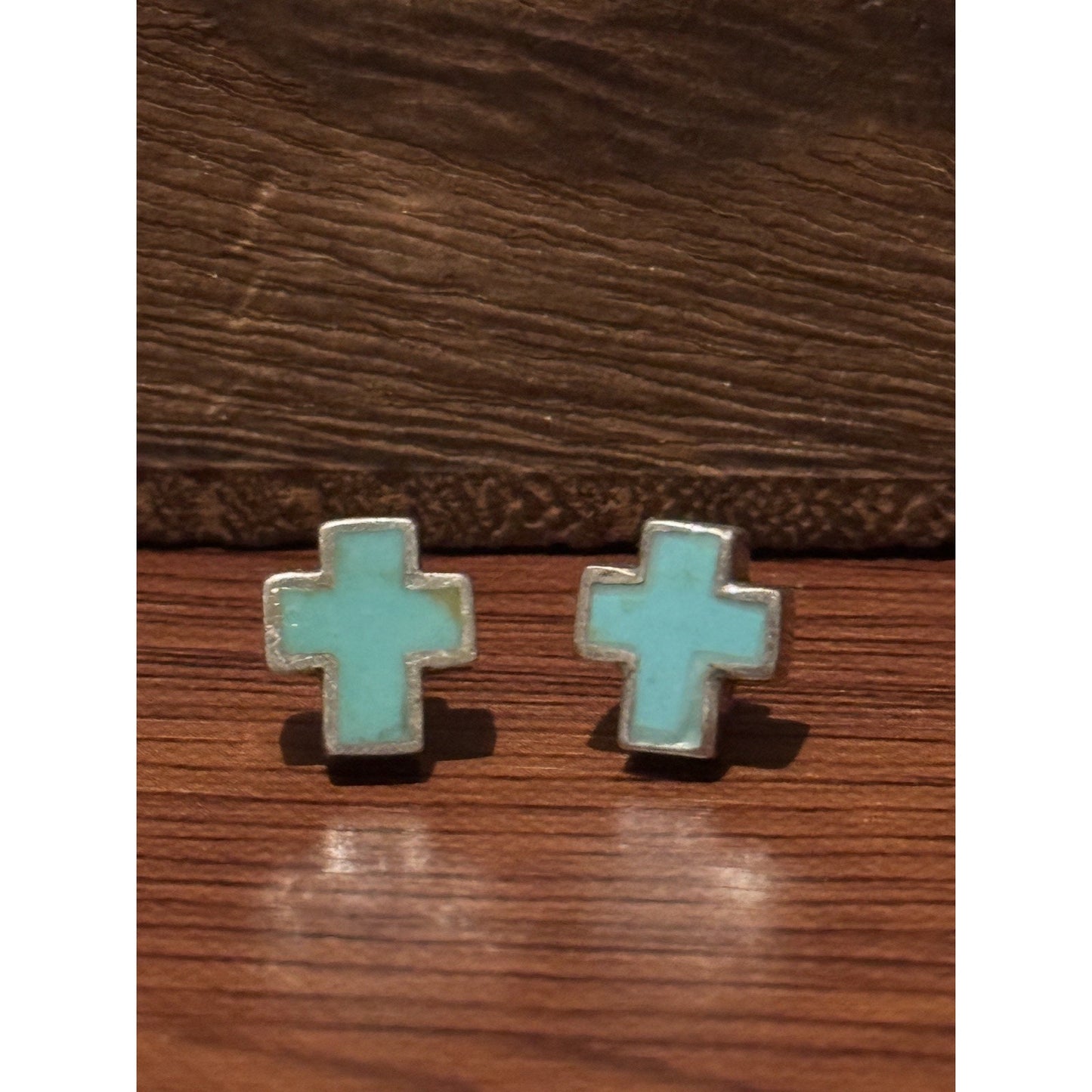 Vintage Sterling Silver Turquoise Cross Stud Earrings Southwestern Zuni Style Inlay 3/8”