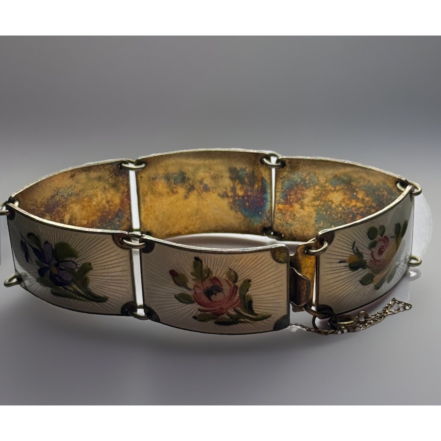 Finn Jensen Guilloche Enamel Sterling Panel Bracelet Rose, Bell Flower, Violet