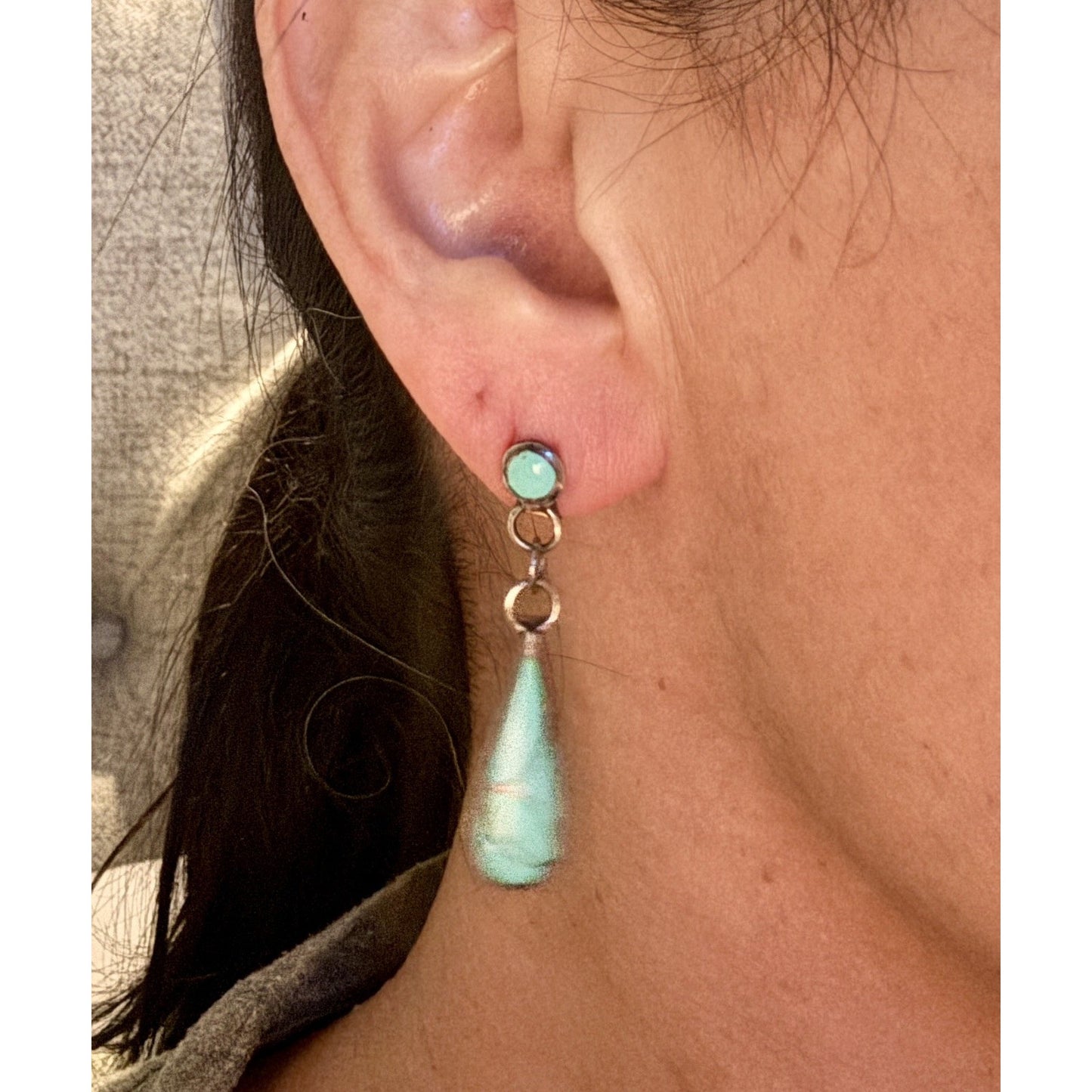 Sterling Silver Turquoise Inlay Dangle Earrings Teardrop Southwestern Style 4.3g