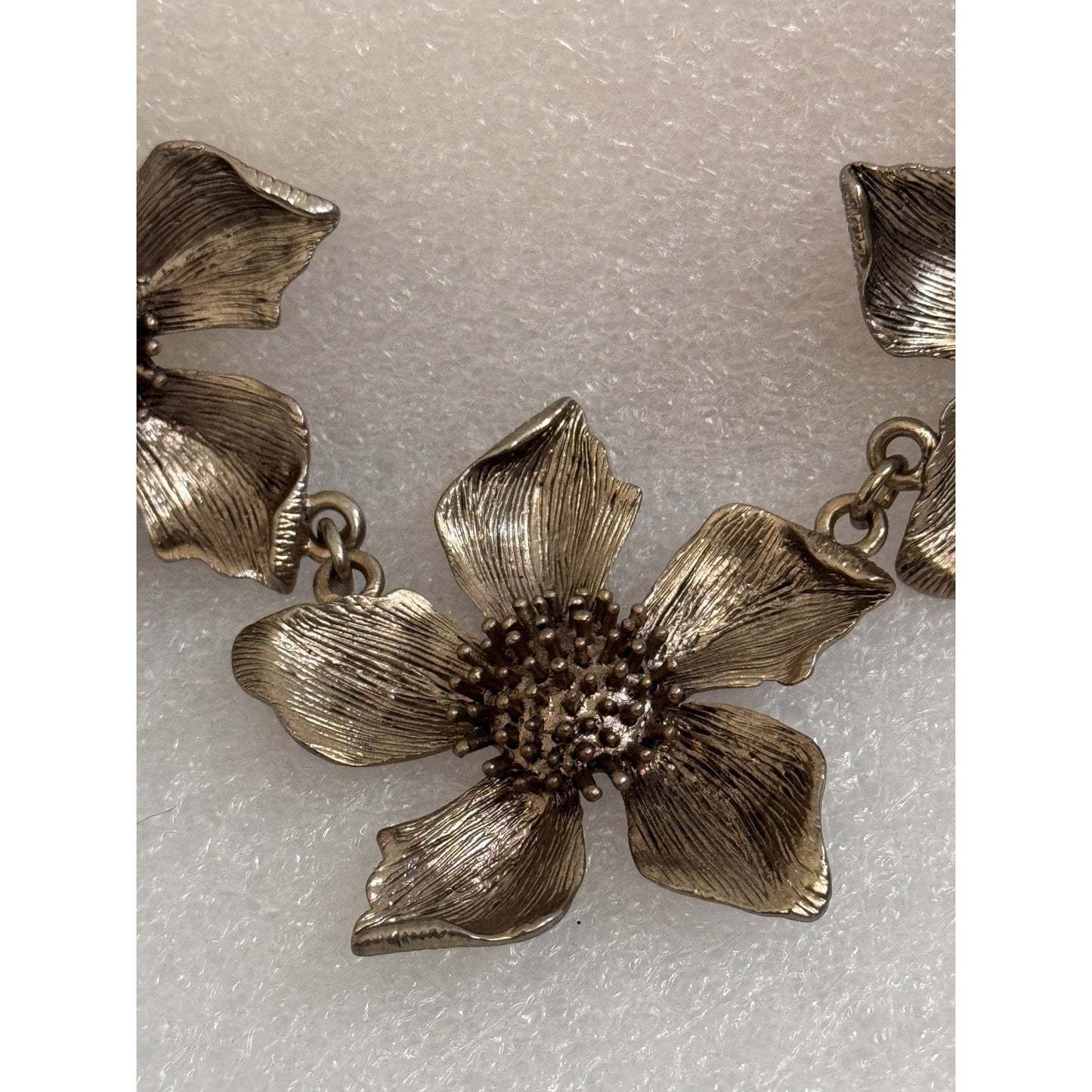 Silver Tone Triple Dogwood Flower Linked Statement Necklace 16-19”