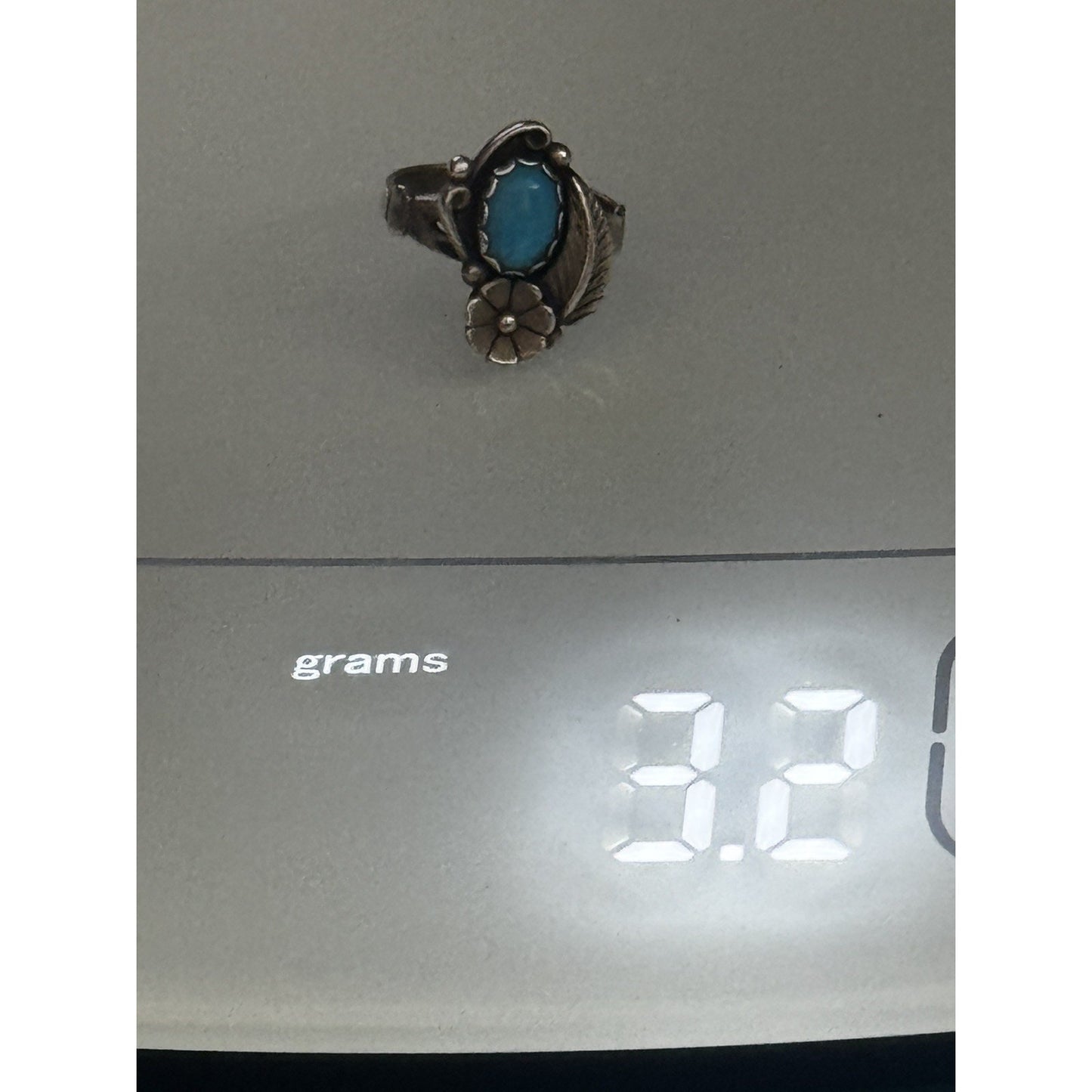 Signed WM Navajo Sterling Silver Turquoise Ring Floral Design Size 7