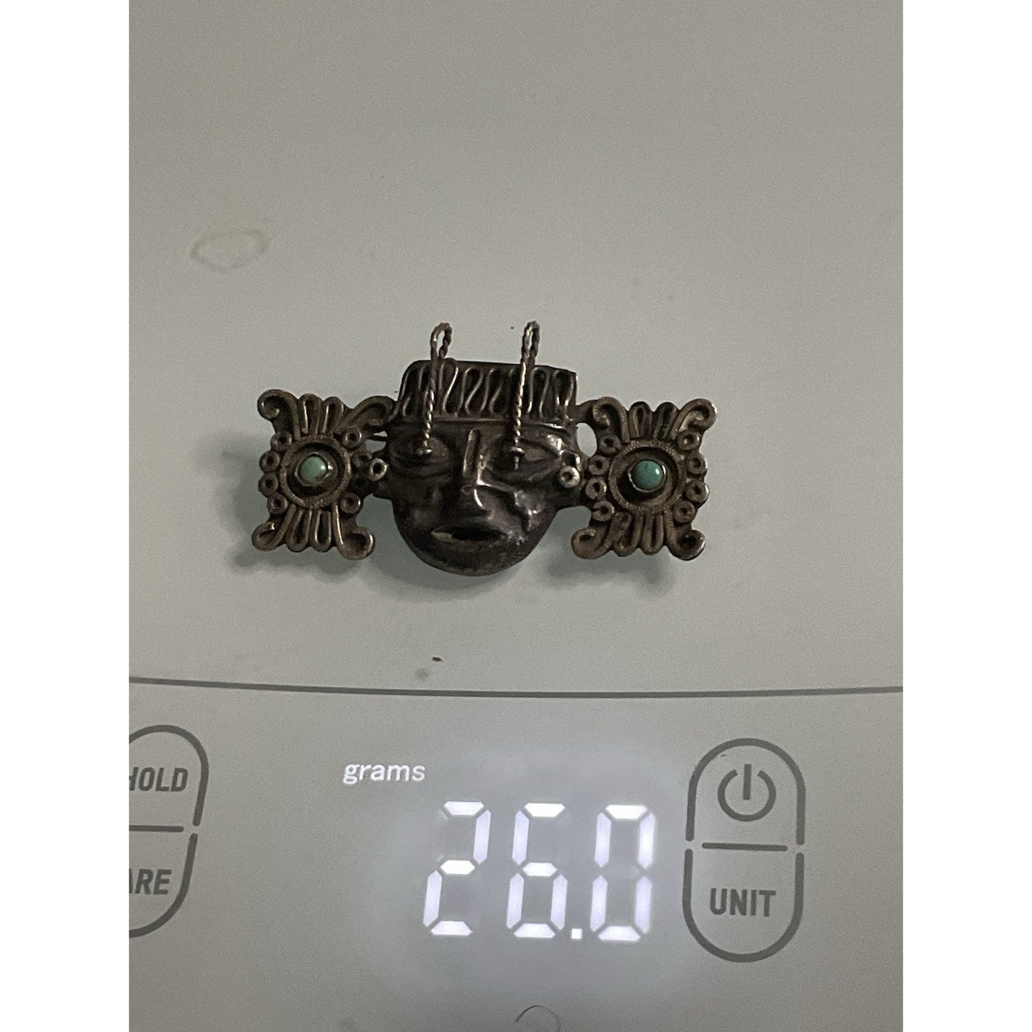 Vintage Mexican Sterling Silver & Turquoise Mask Brooch Silver Aztec Motif 26 gr