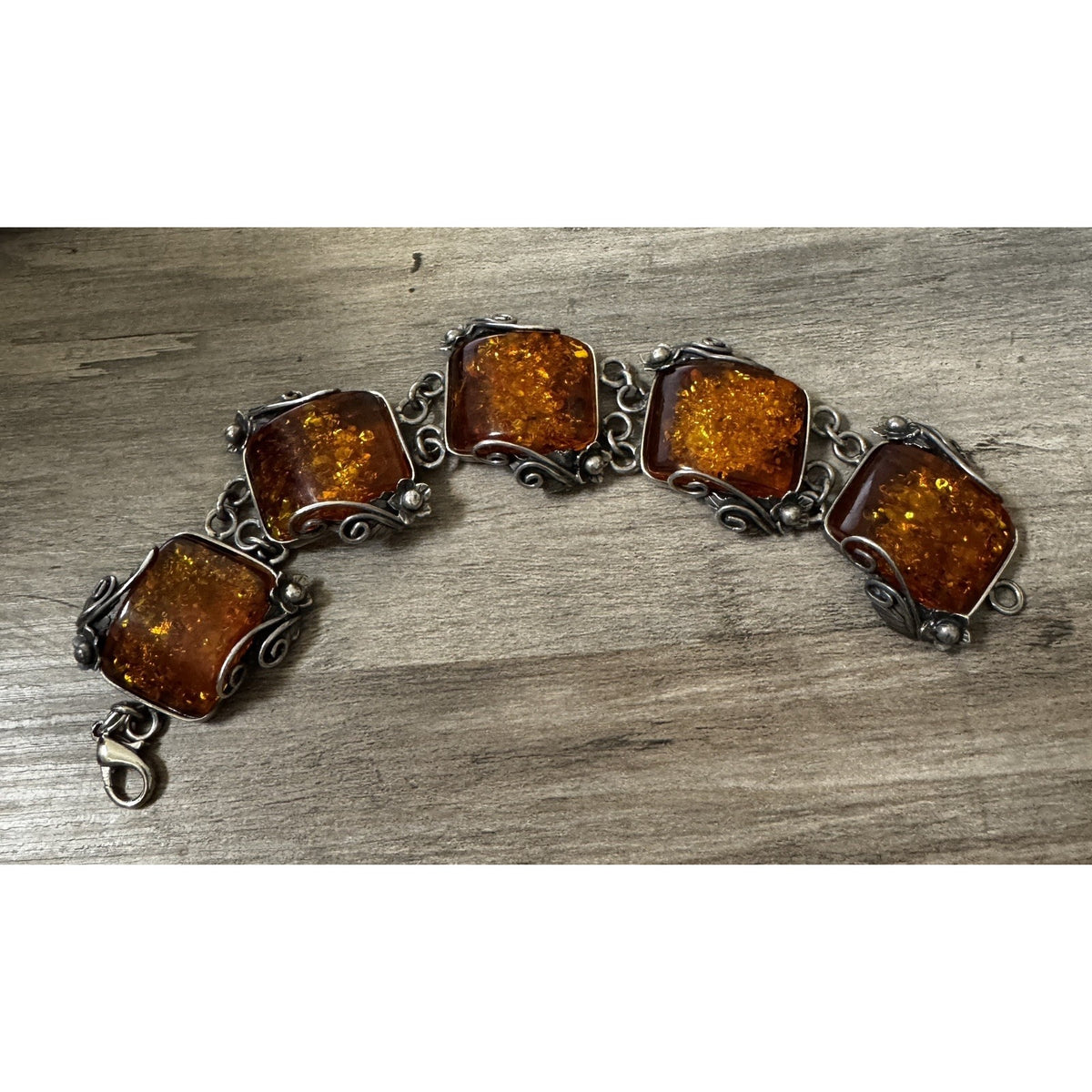 Vintage Baltic Amber Panel Bracelet Sterling Silver Art Nouveau 7 3/4” 51 Grams