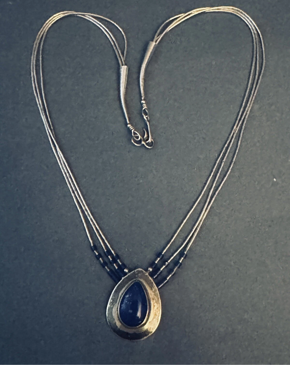 Native American Sterling Lapis Lazuli Pendant Three Liquid Strand Necklace 17”