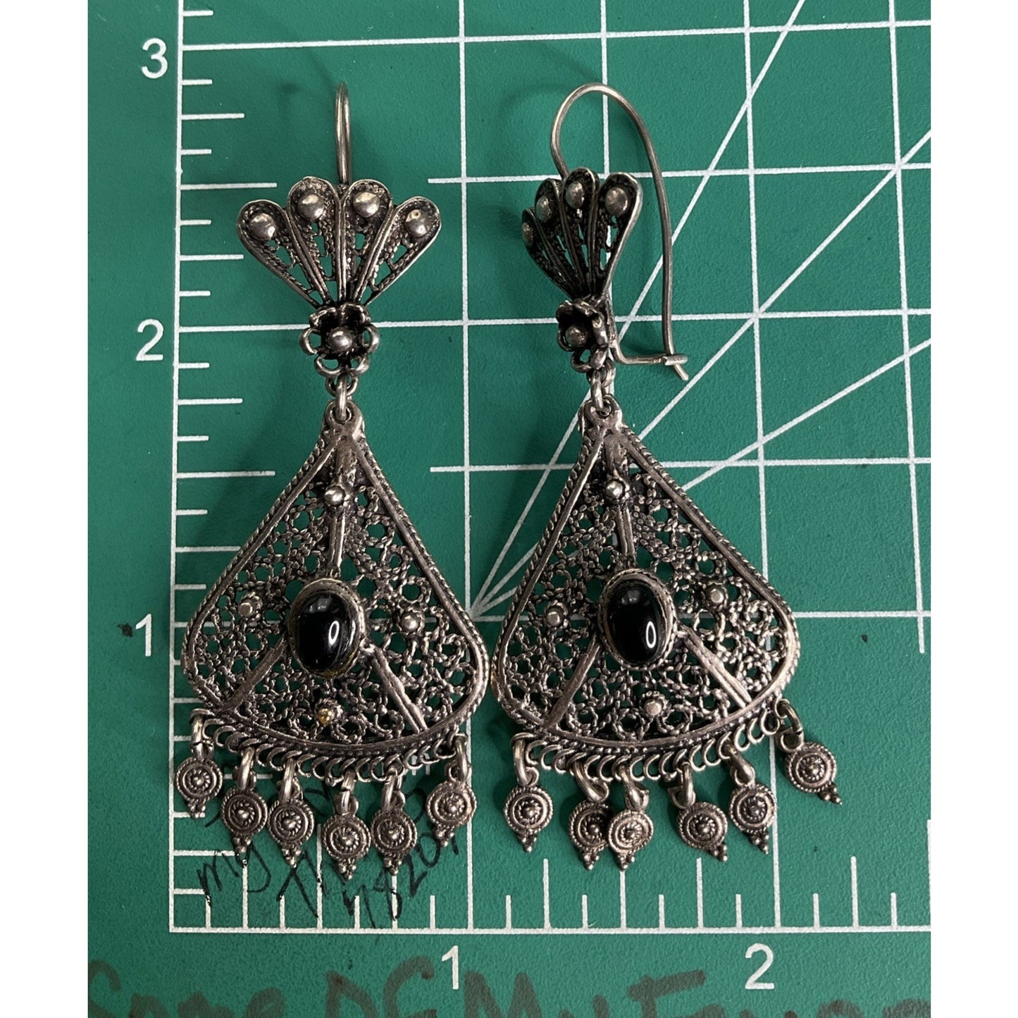 Vintage Sterling Silver Filigree Black Onyx Chandelier Earrings