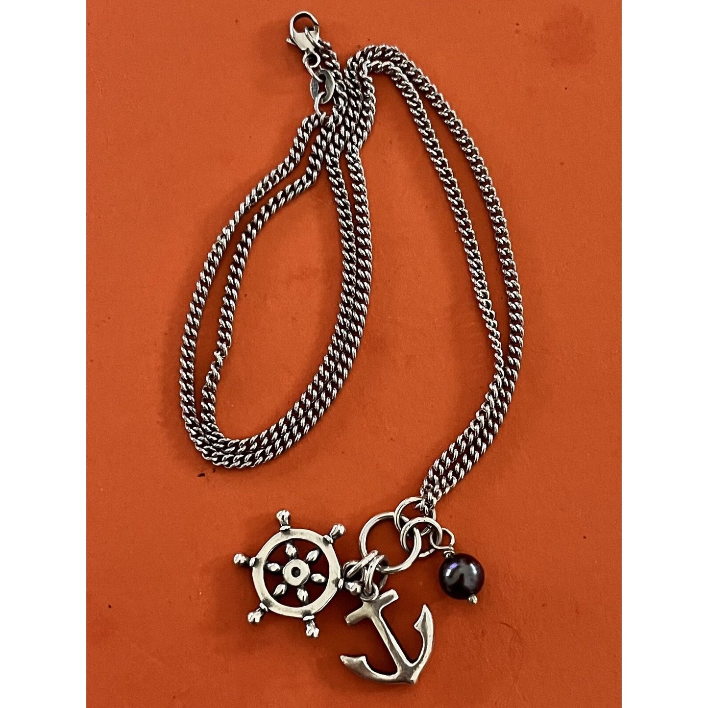 James Avery Retired Silver Anchors Aweigh Ship Wheel Anchor and Pearl Pendant Pre-Owned