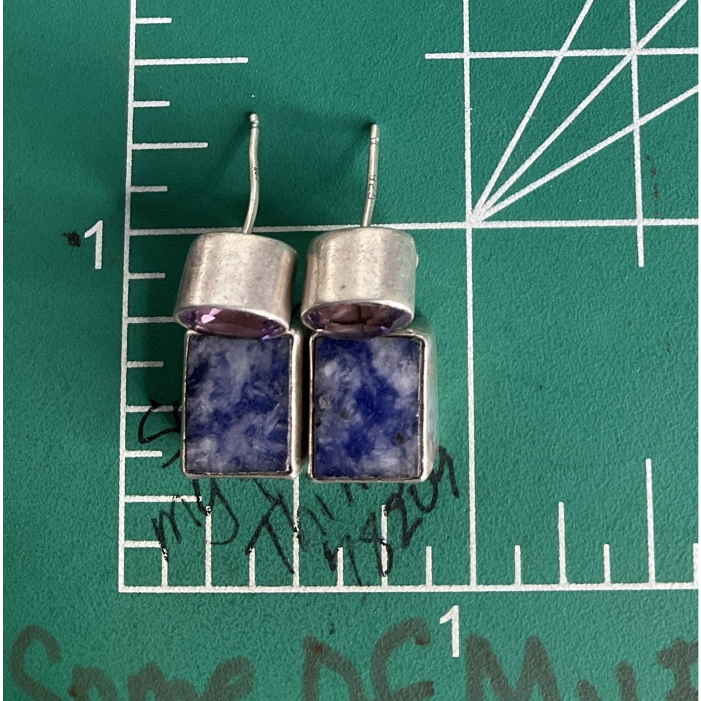 Vintage Sterling Silver Sodalite Amethyst Modernist Dangle Geometric Earrings