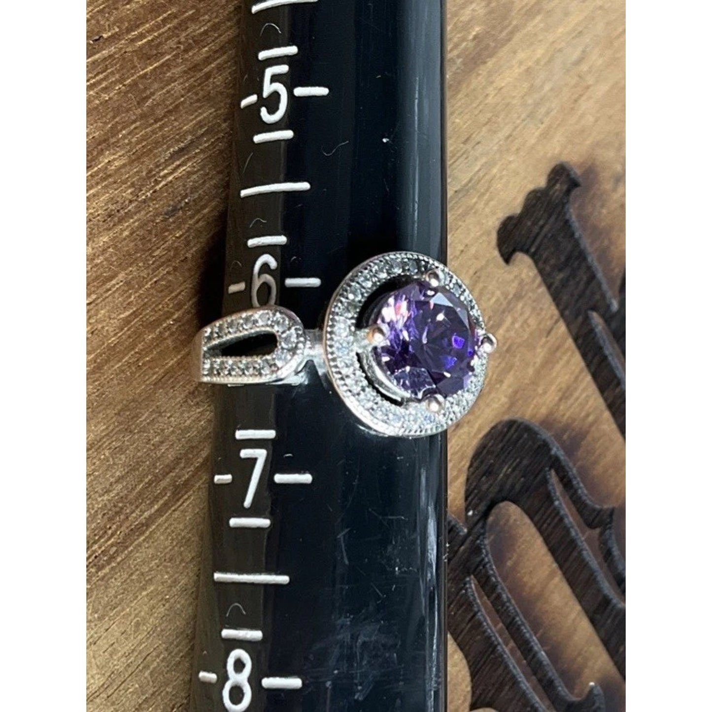 Sterling Silver Purple Halo Ring S925 Vintage Style CZ Size 6.5