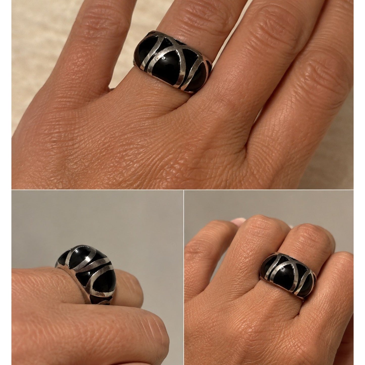Vintage Sterling Silver Black Onyx Geometric Statement Ring Size 8