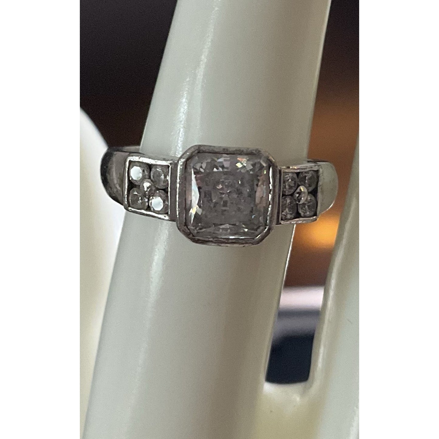 TM 925 Sterling Silver Square CZ Ring Size 7.5 Vintage Style Engagement Ring