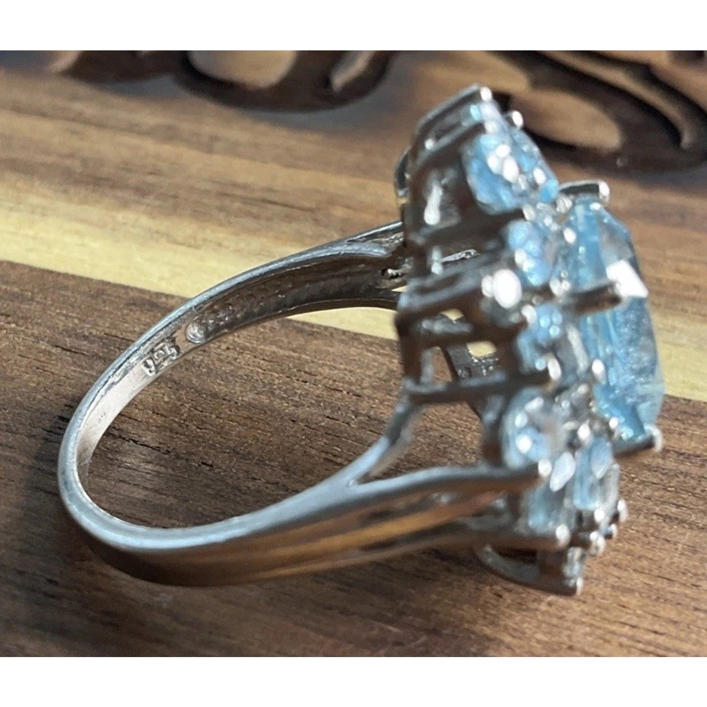 Vintage Sterling Silver Blue Topaz Cluster Ring Size 7.5 Cocktail Halo