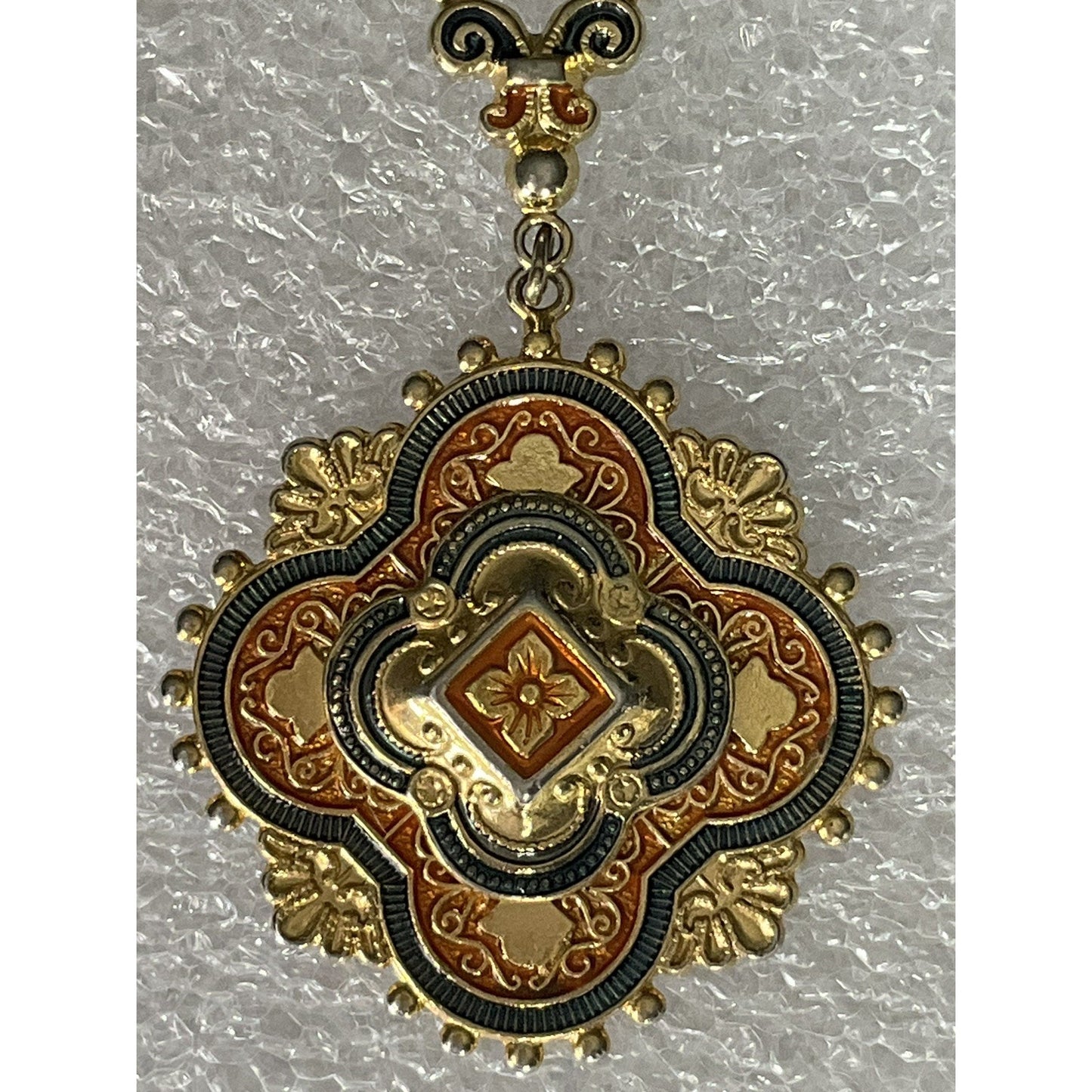 Vintage Gold Tone Damascene Style Necklace w/ Orange Enamel 16.5” Barrel Clasp