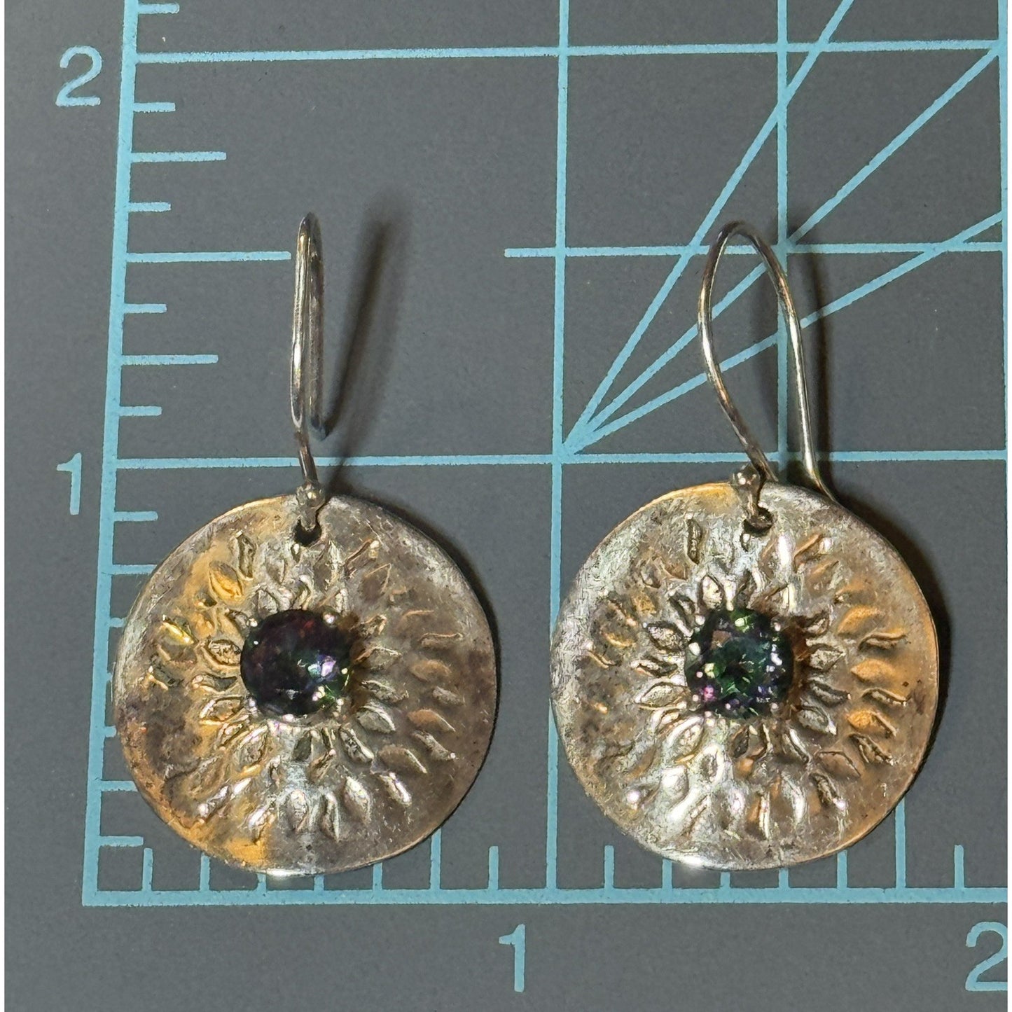 Vintage Sterling Silver Hammered Disc Earrings with Mystic Topaz