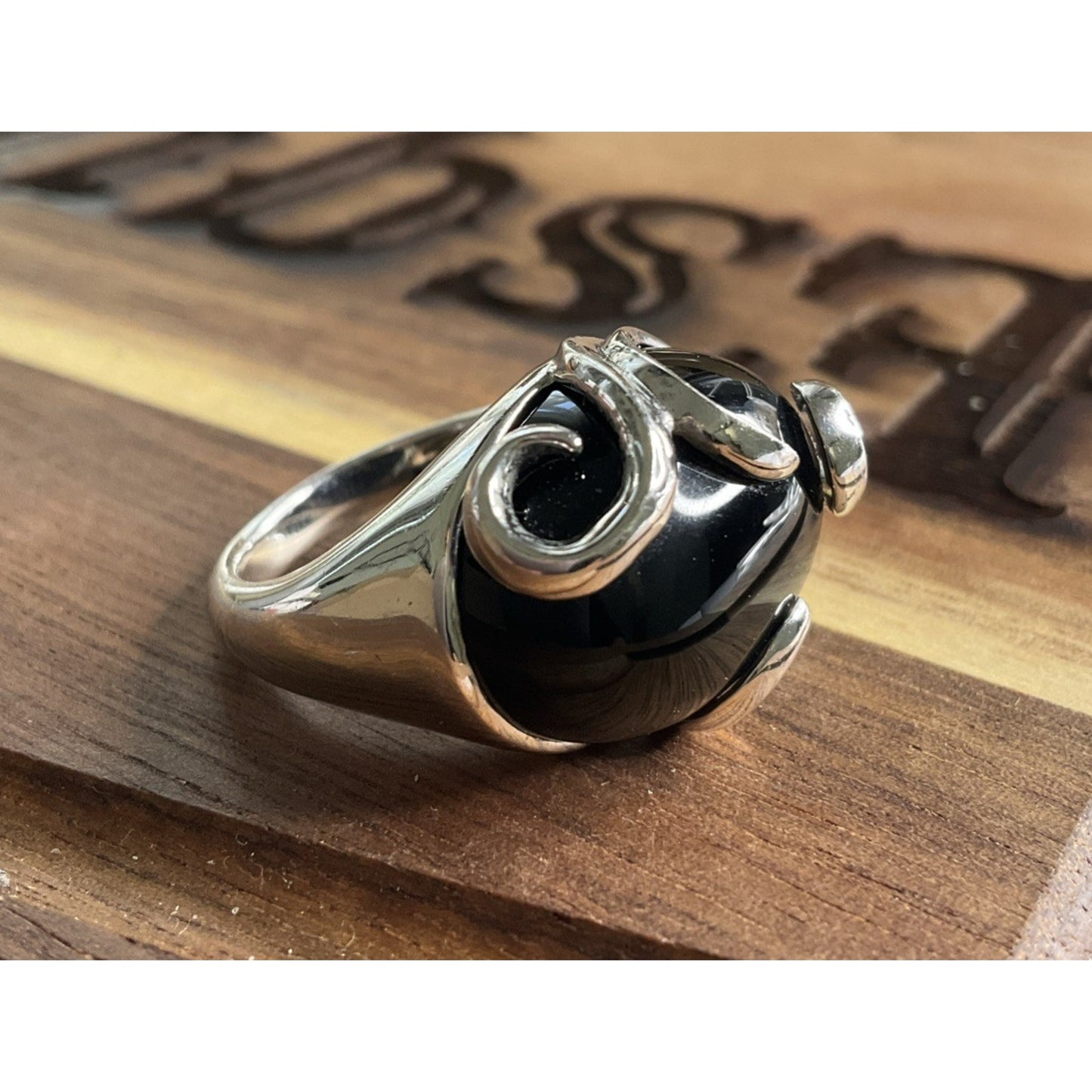 KN 925 Sterling Silver Black Onyx Ring Size 7.5 Large Cabochon
