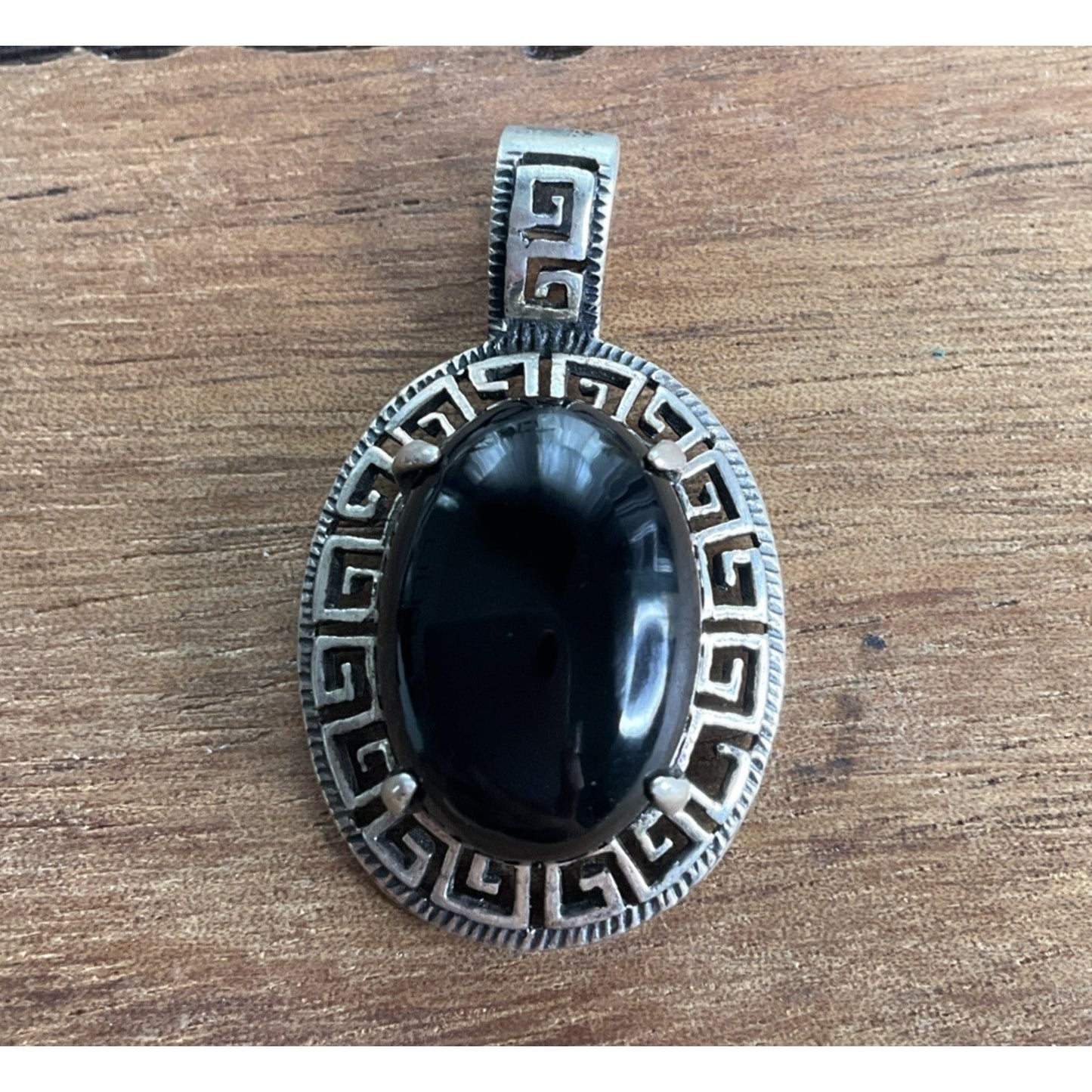 Sterling Silver Black Onyx Pendant 925 Greek Key Oval Cabochon Vintage Style