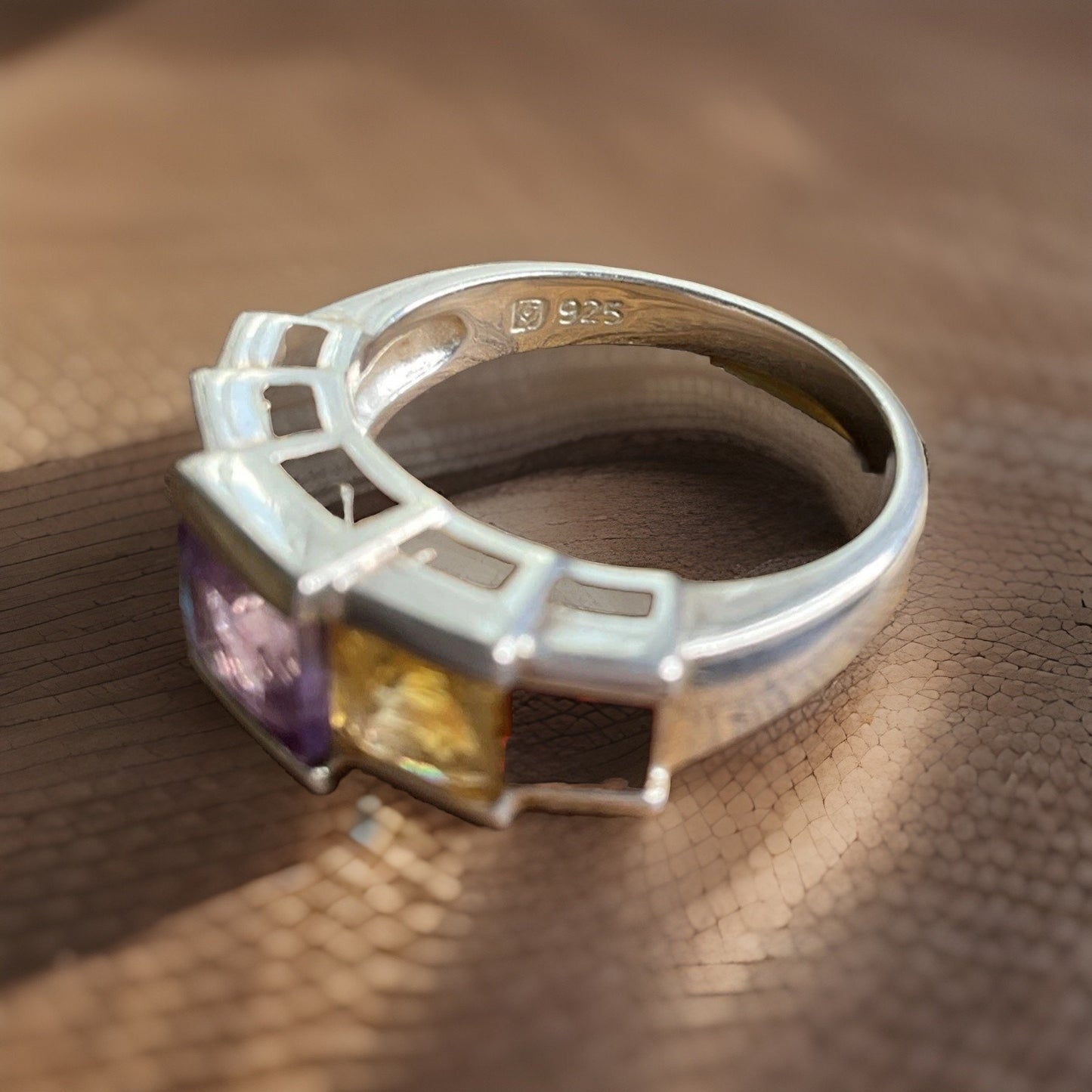 Vintage Sterling Silver Multi Gemstone Ring Rainbow Band Gemstones Ring Sz 7.5