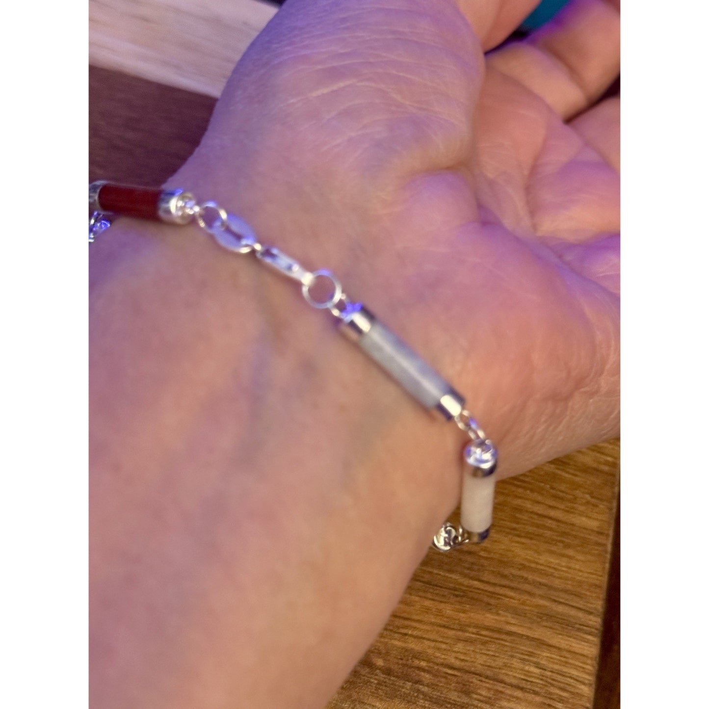 Vintage Sterling Silver Multi-Stone Tube Bracelet 925 LA Onyx, Jasper, Jade 7.5”