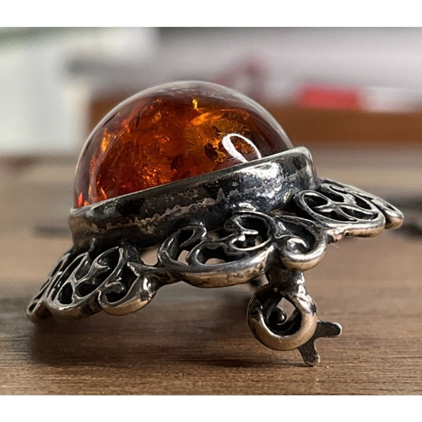 Vintage Baltic Amber Sterling Silver Oval Filigree Brooch Pin Victorian Art Deco