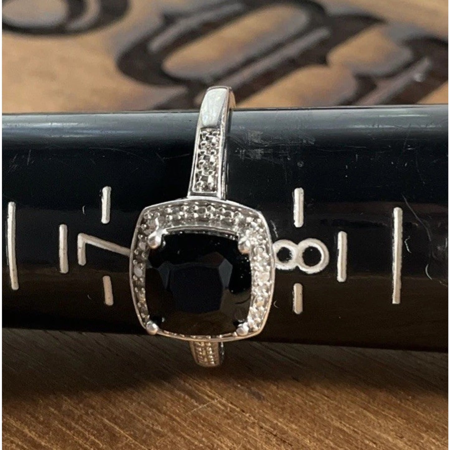 Sterling Silver Black Onyx Halo Ring Size 7.5 Cushion Cut Statement Ring 925