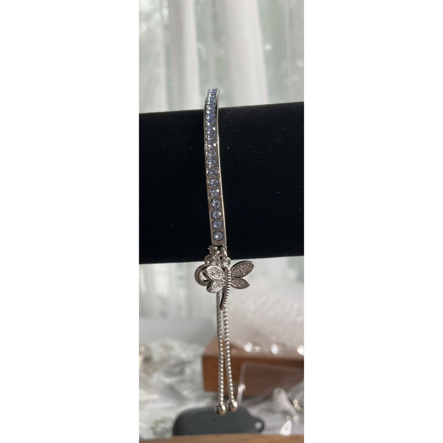 Sterling Silver IBBCN Blue CZ Bar Bracelet Butterfly Charm Adjustable Chain