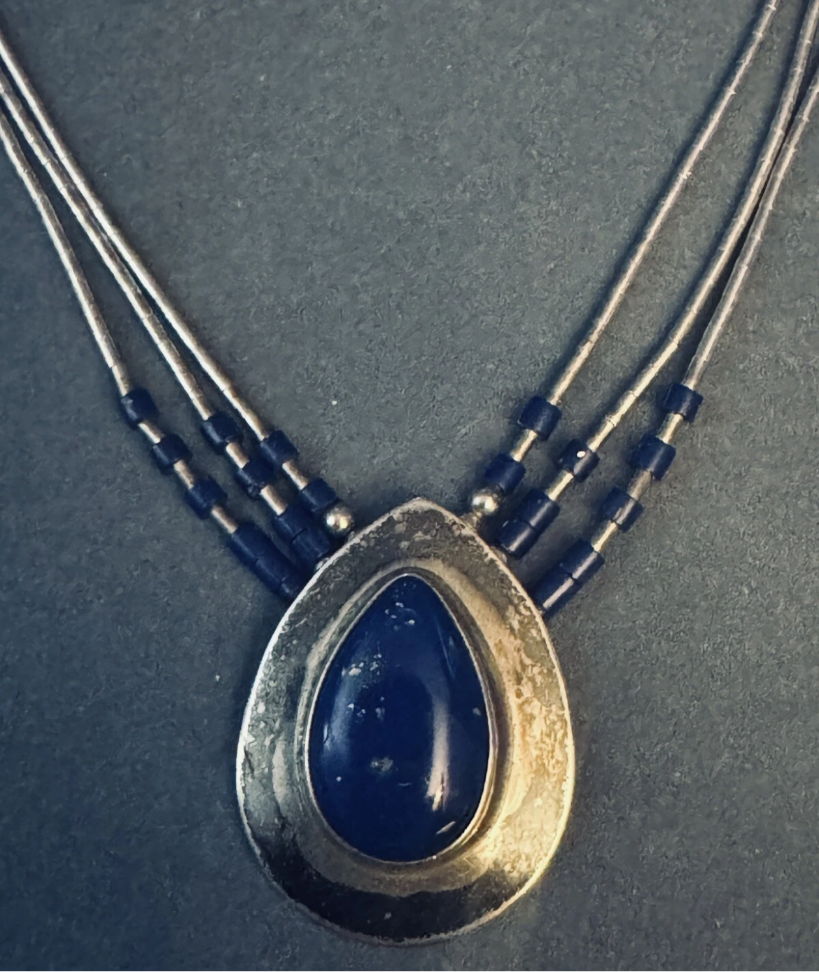 Native American Sterling Lapis Lazuli Pendant Three Liquid Strand Necklace 17”
