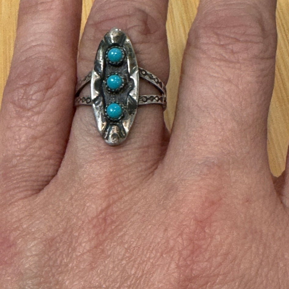 Vintage Sterling Silver Turquoise Ring Fred Harvey Style Size 5.5