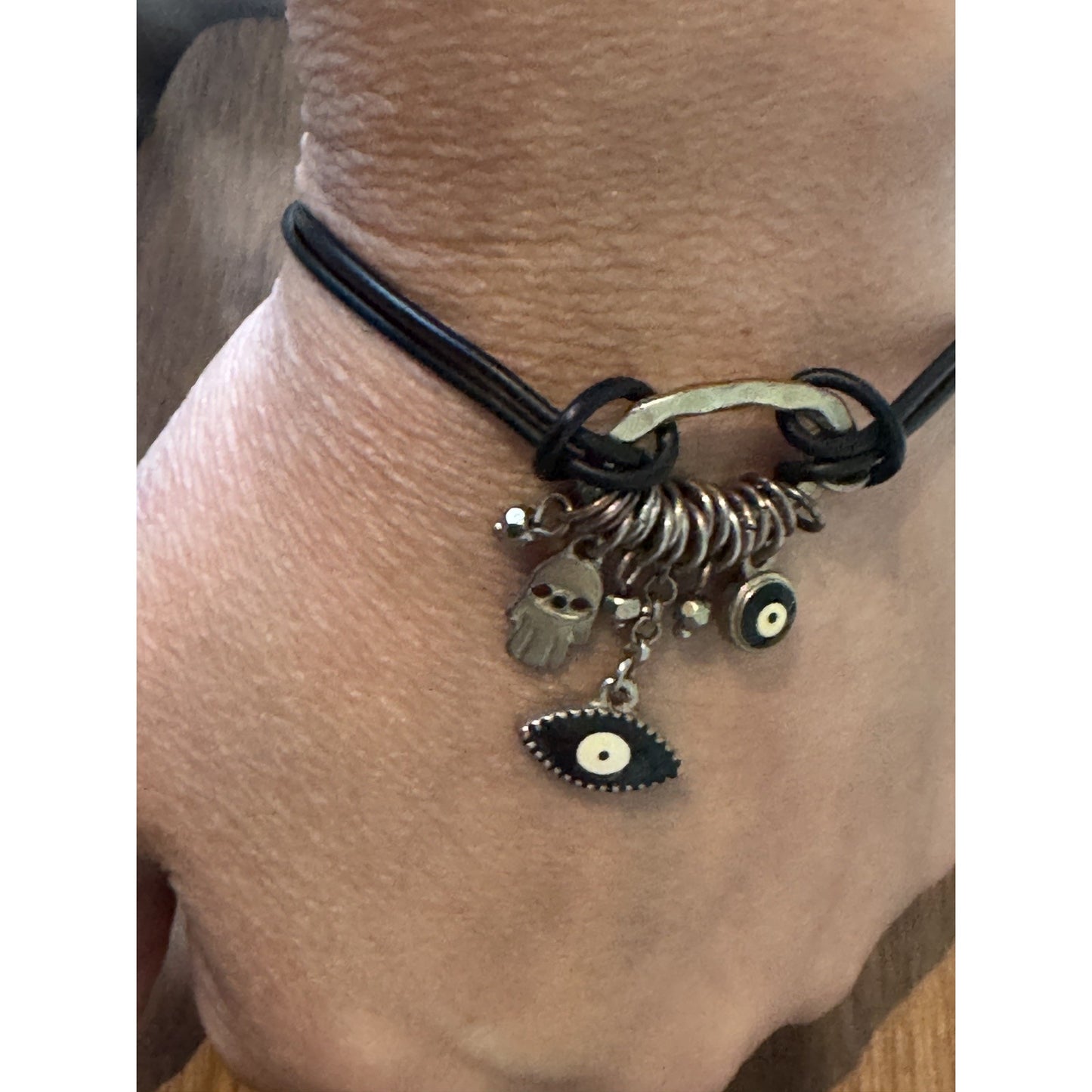 Silver Plated Black Leather Be Happy Evil Eye and Hamsa Hand Beaded Bracelet