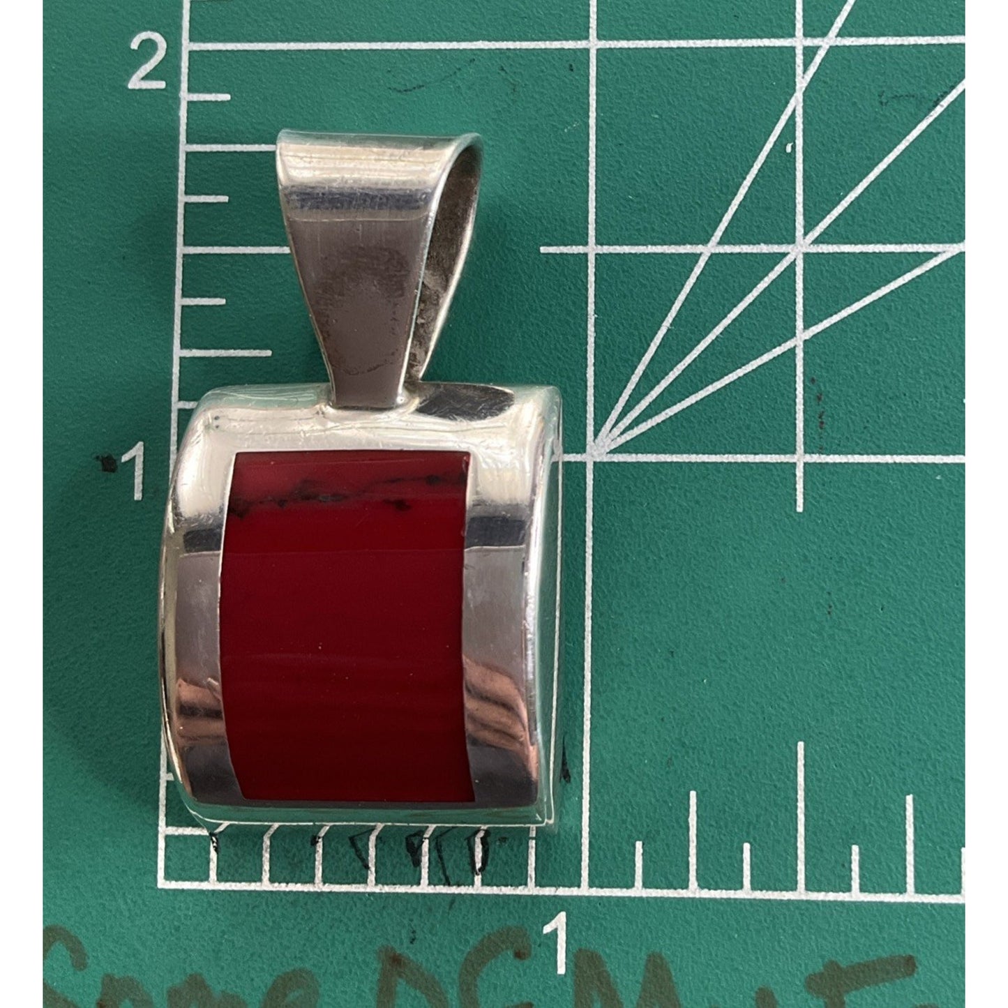Heavy Sterling Silver Red Stone Pendant 925 Modern Rectangular Statement