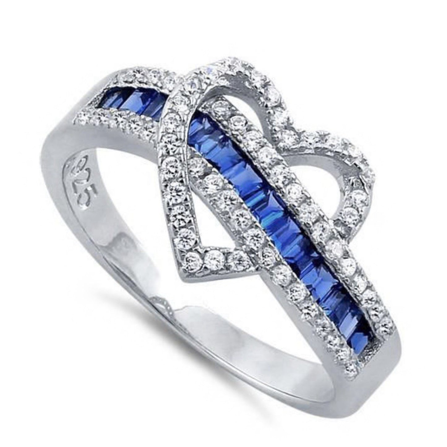 Brand New Exotic Heart Blue Sapphire CZ Sterling Silver Ring Size 7.5