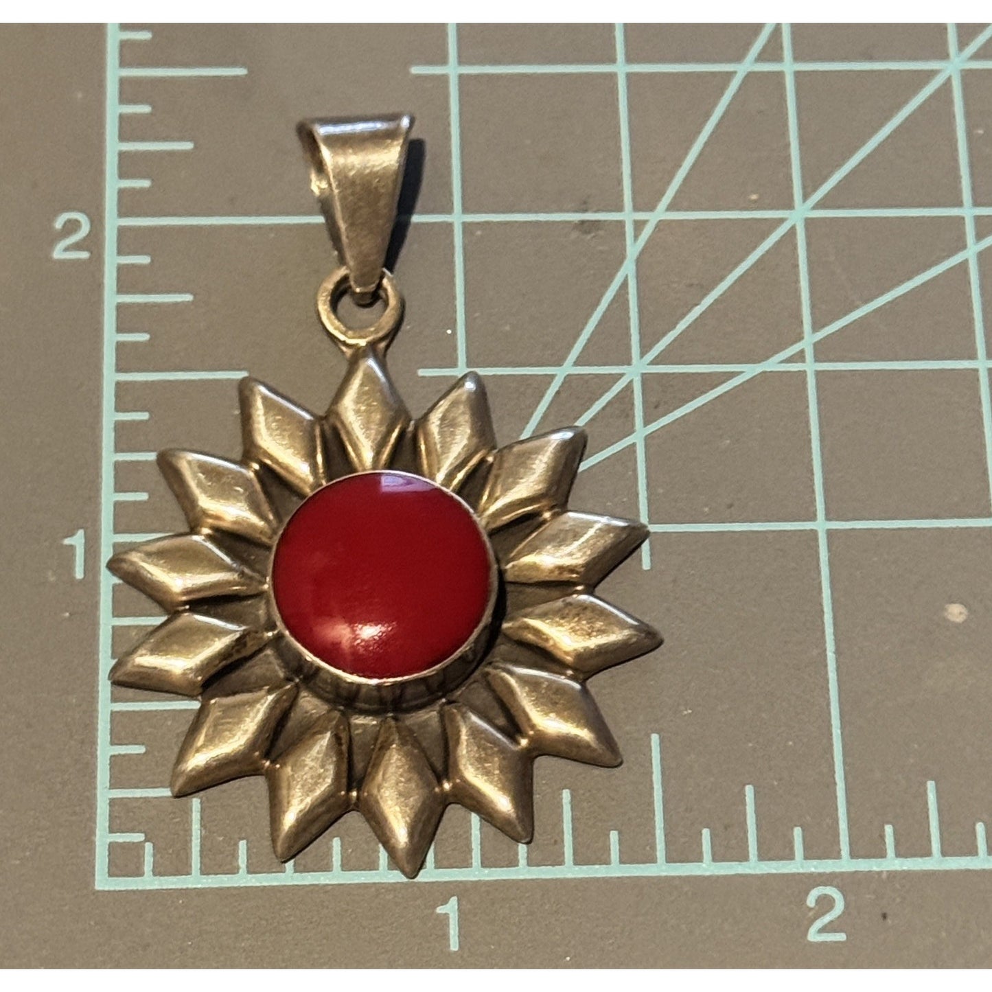 Vintage Sterling Silver Sun Pendant Natural Red Jasper Stone 925 16g