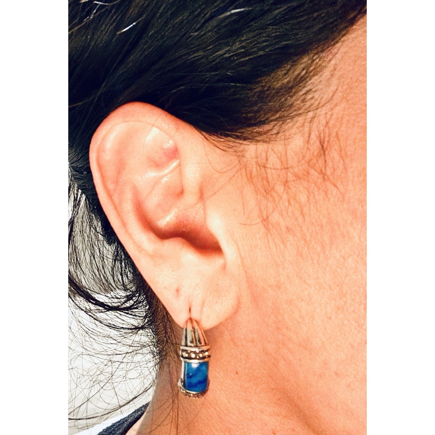 925 Thailand Sterling Silver Lapis Half Hoop Earrings Barrel Beaded Design