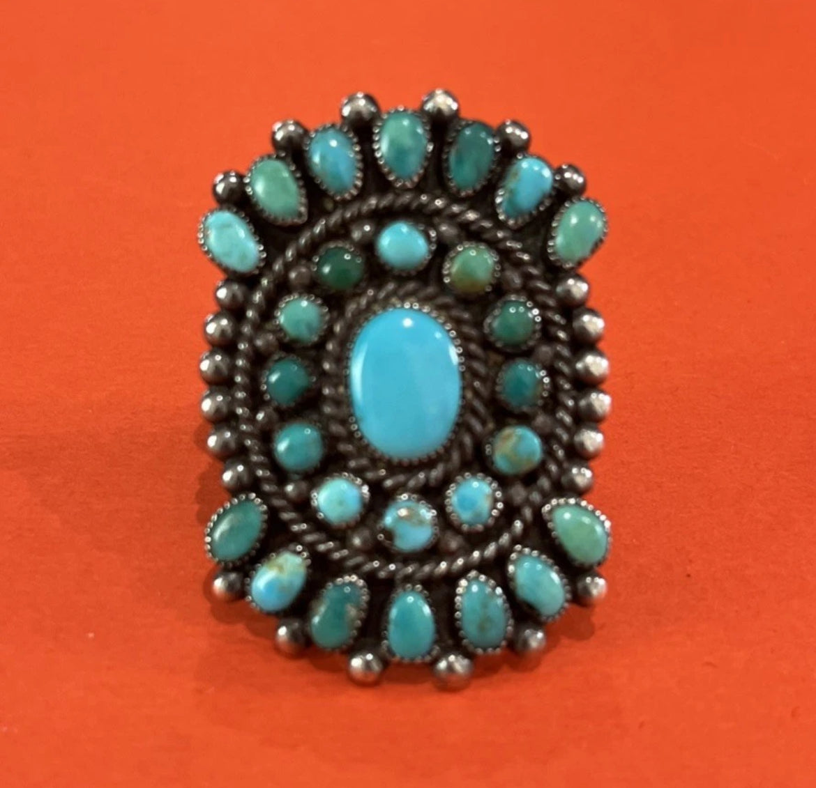 AUTHENTIC Native American Zuni Silver Turquoise Cluster Ring Size 6.5