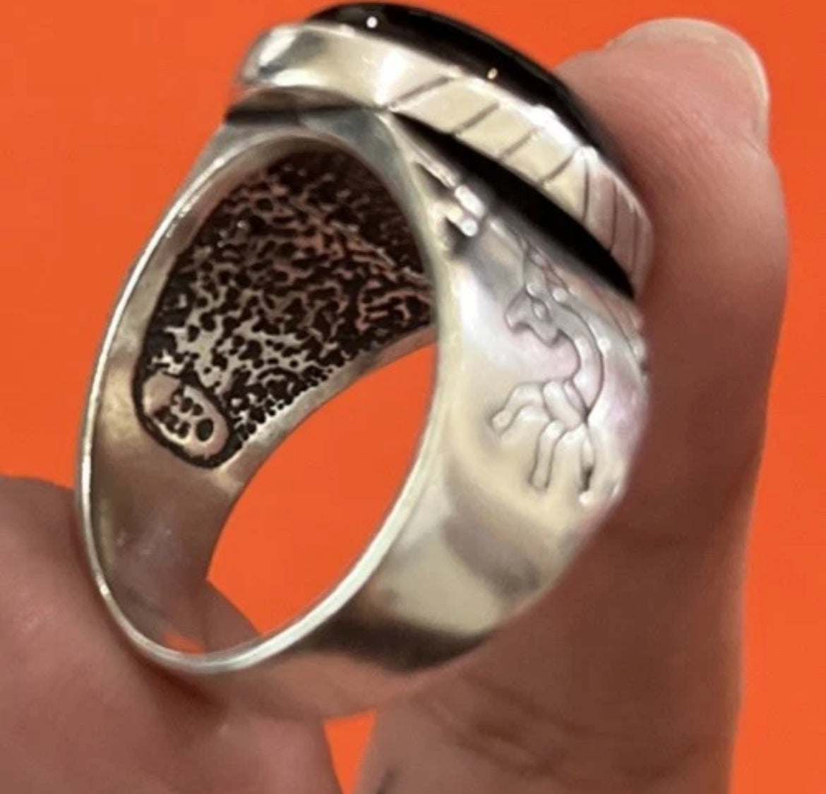 AUTHENTIC Native American Sterling Silver & Onyx Ring W/ Kokopelli Motifs 10.5