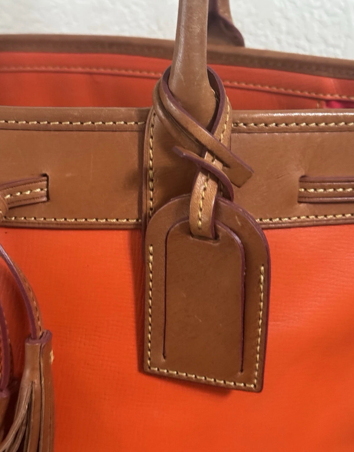 Preowned VINTAGE Dooney & Bourke Tote Bag Purse Saffiano Tassel Orange w/ Brown Trim