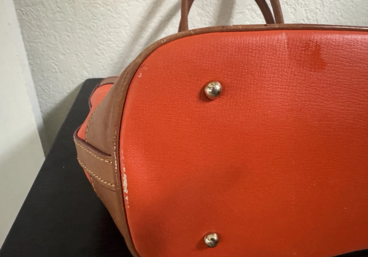 Preowned VINTAGE Dooney & Bourke Tote Bag Purse Saffiano Tassel Orange w/ Brown Trim