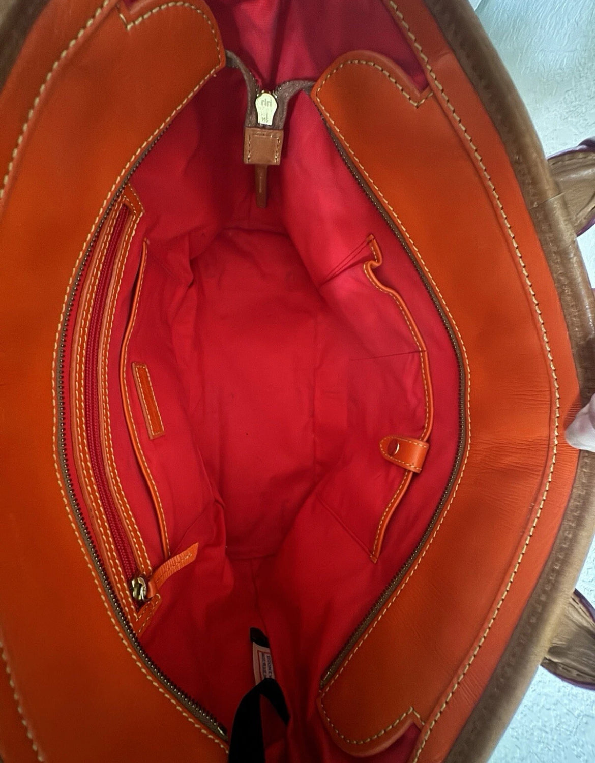 Preowned VINTAGE Dooney & Bourke Tote Bag Purse Saffiano Tassel Orange w/ Brown Trim